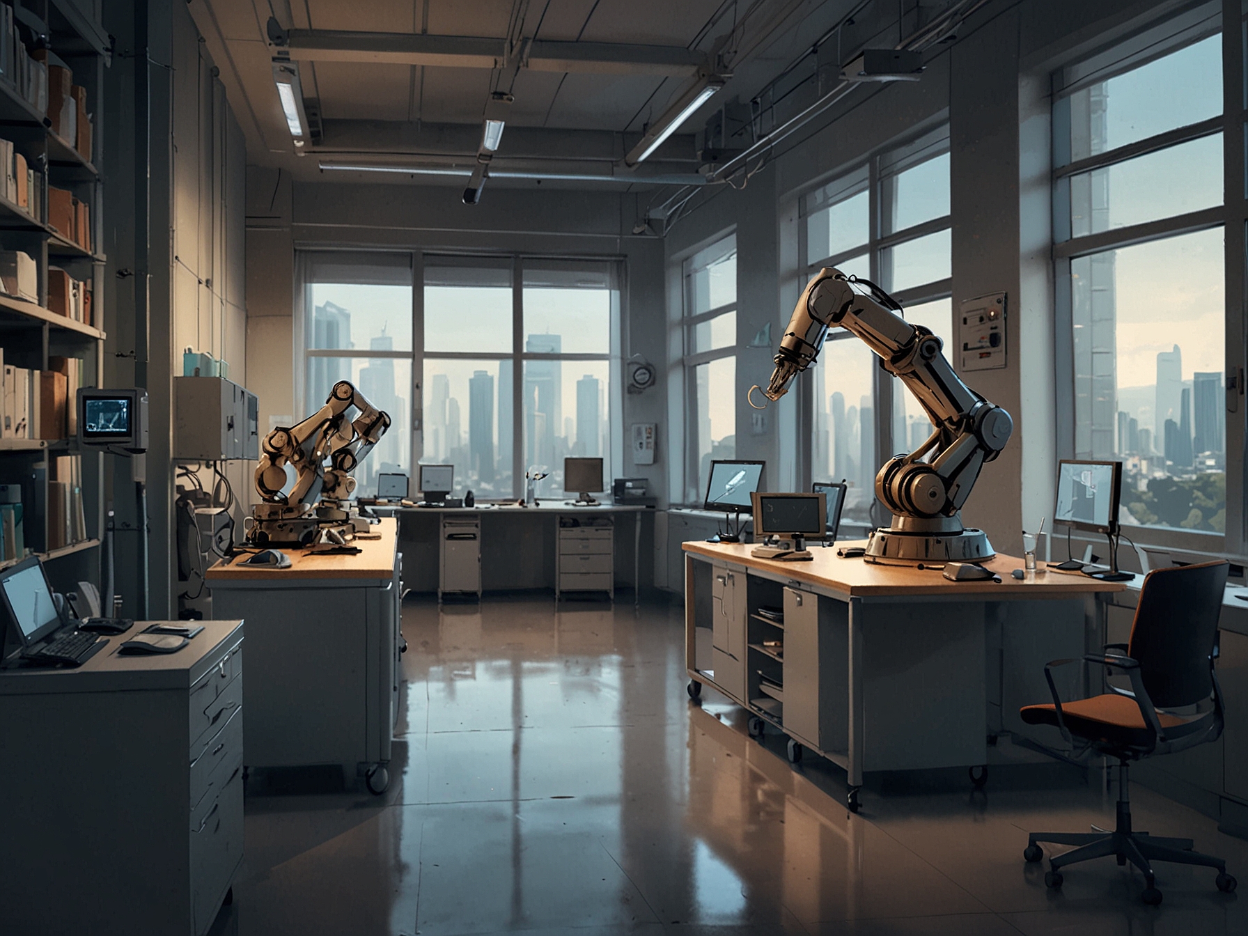 A sleek, modern robotic laboratory representing Pudu Robotics' state-of-the-art Global R&D Center in Hong Kong SAR, showcasing advanced technological equipment and research activities.