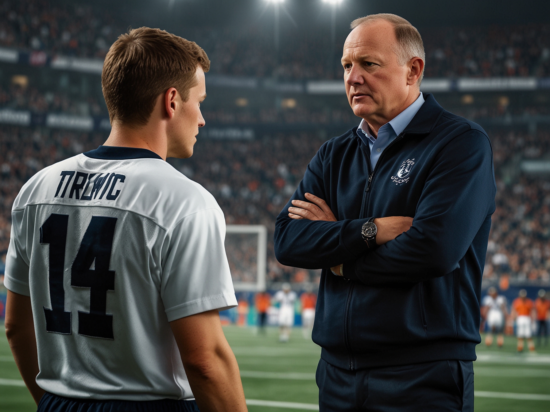 Michael Maguire strategizing with Jake Trbojevic on the sidelines, highlighting the captain's leadership abilities and crucial role in mentoring younger players on the team.