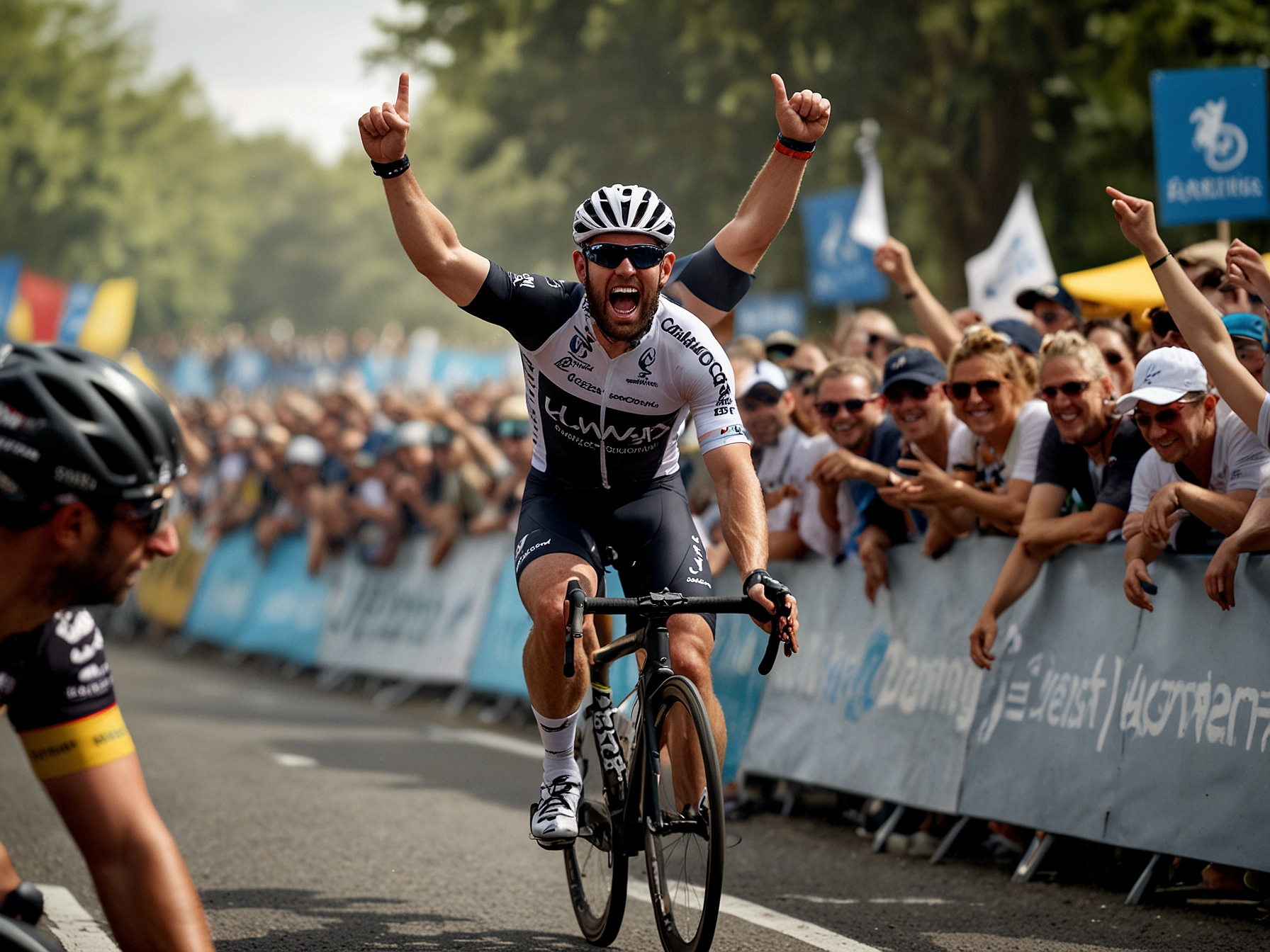 Mark Cavendish, dressed in his team’s cycling gear, crosses the finish line triumphantly, arms raised in victory, while spectators cheer him on during a sprint stage of the Tour de France.