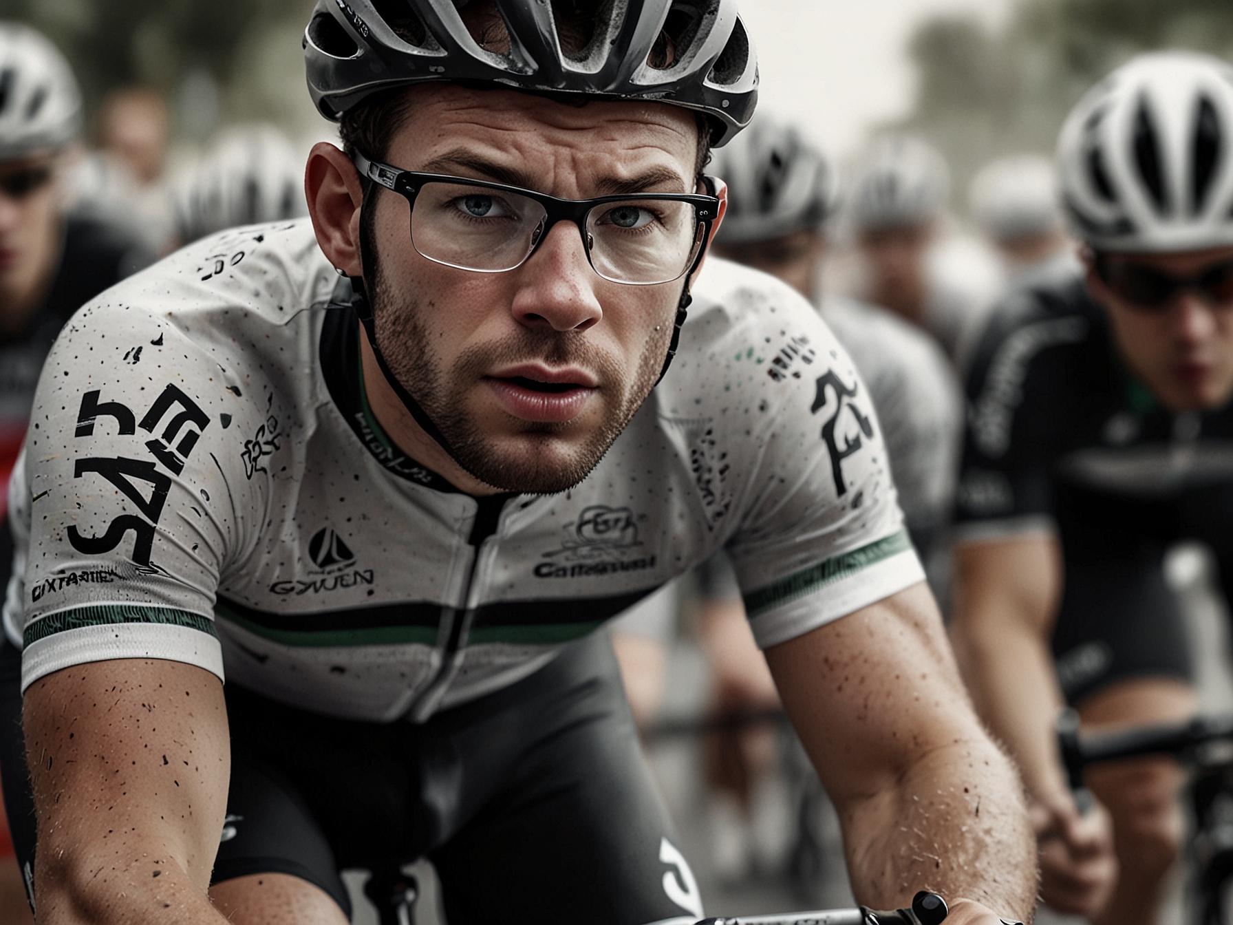 A close-up of Mark Cavendish in a cycling race, demonstrating intense focus and determination. His teammates ride closely behind, poised to support him in a forthcoming sprint finish.