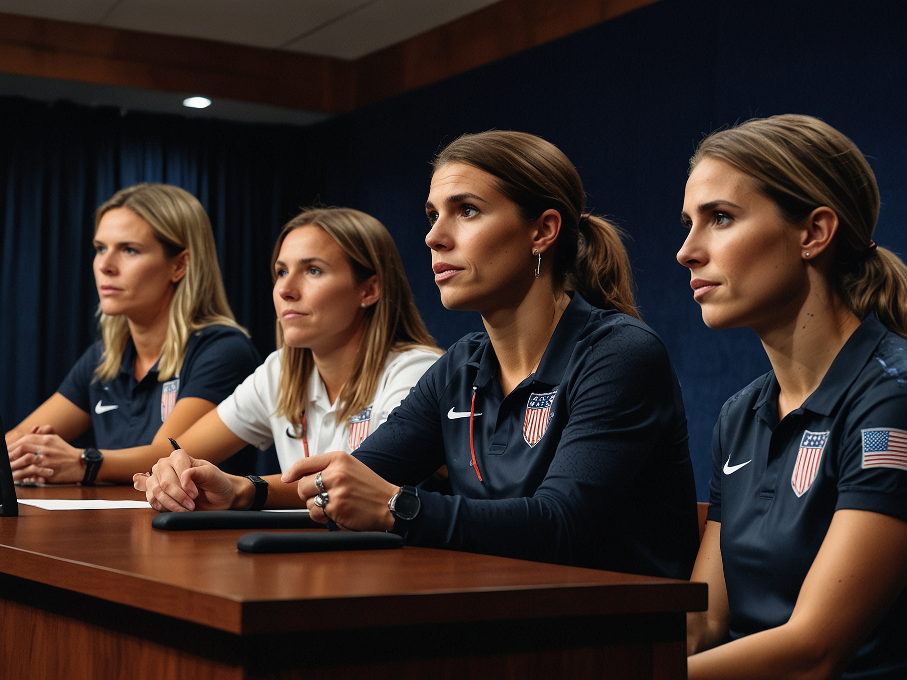 A press conference where the USWNT coaches reveal the new Olympic roster. Coaches explain notable exclusions, including Alex Morgan, and emphasize the future focus of the team.