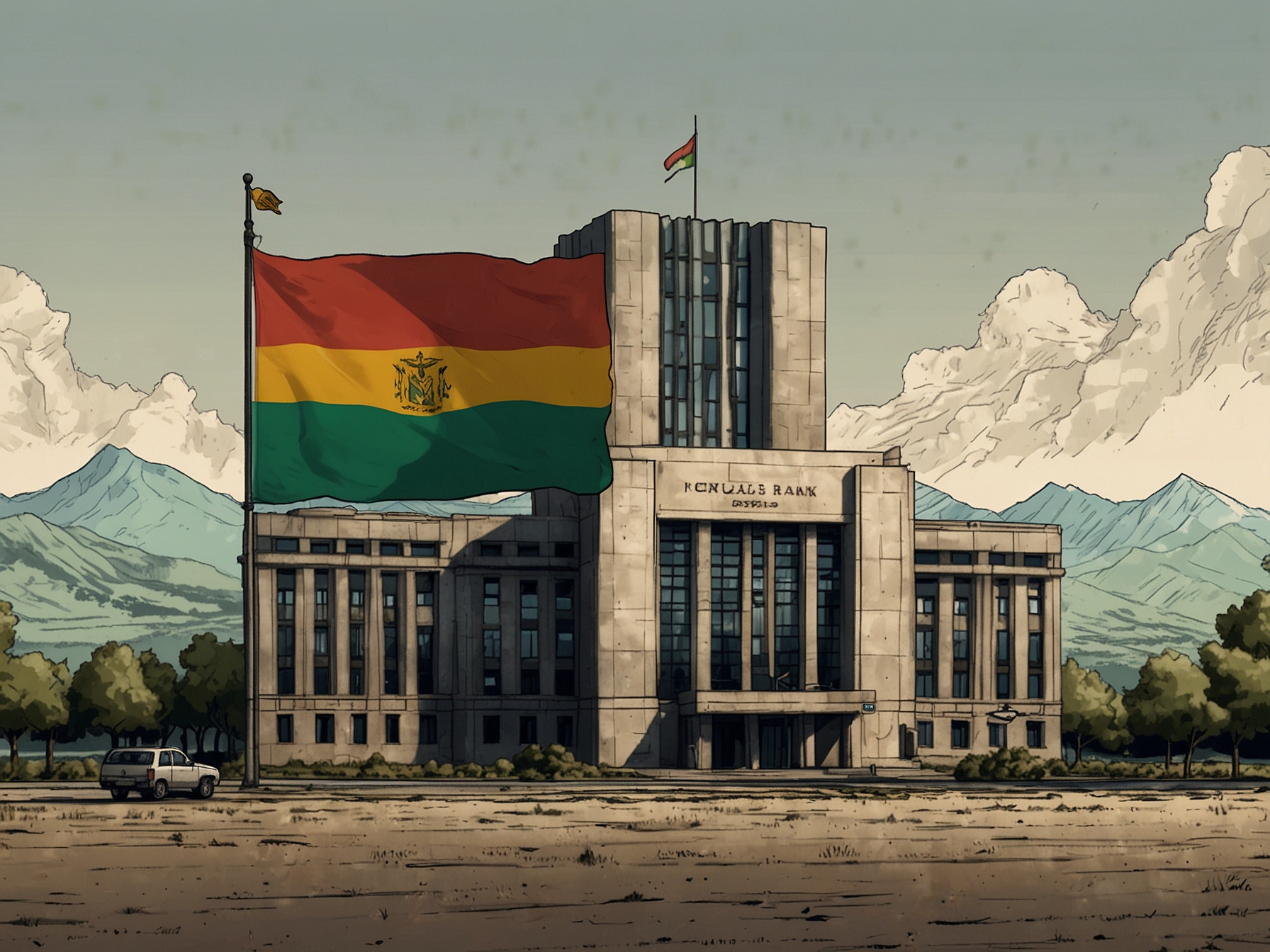 An illustration depicting Bolivia's Central Bank and various cryptocurrencies, symbolizing the country's shift from banning to legalizing crypto transactions, promoting economic growth.