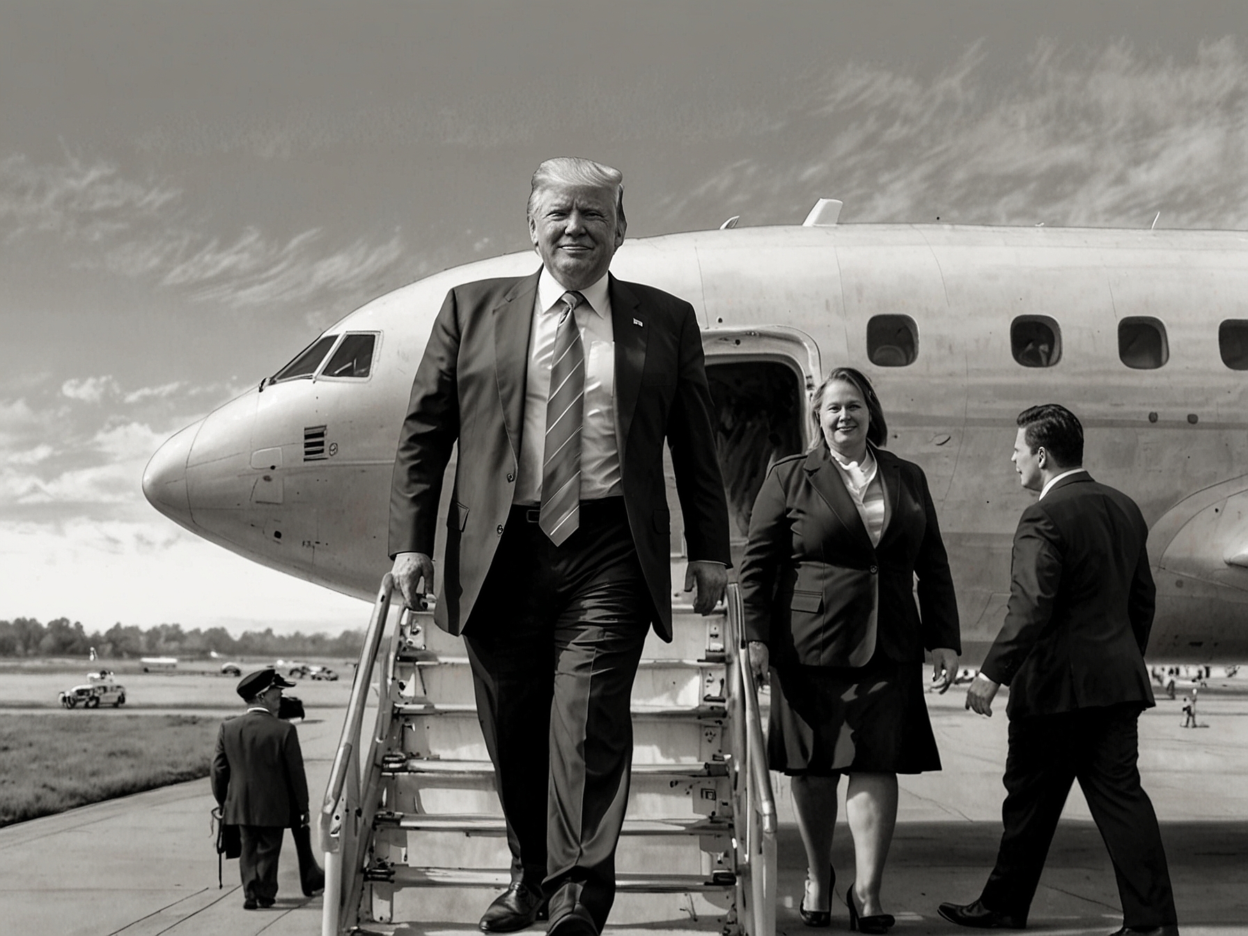 Donald Trump stepping off a plane in Atlanta, greeted by supporters and campaign staff, emphasizing his solo arrival ahead of the crucial debate.