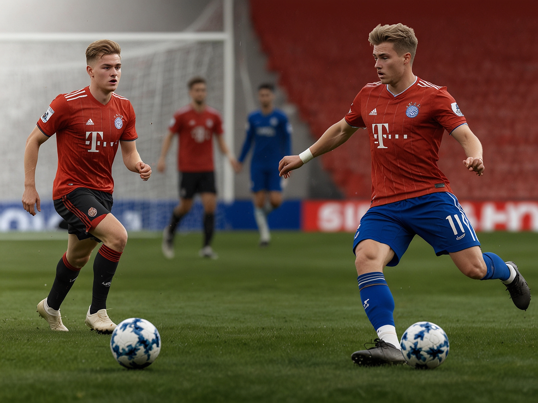 A split image showcasing Matthijs de Ligt in his Bayern Munich kit and Jarrad Branthwaite playing for Everton, highlighting Manchester United's interest in these two defenders during the transfer window.