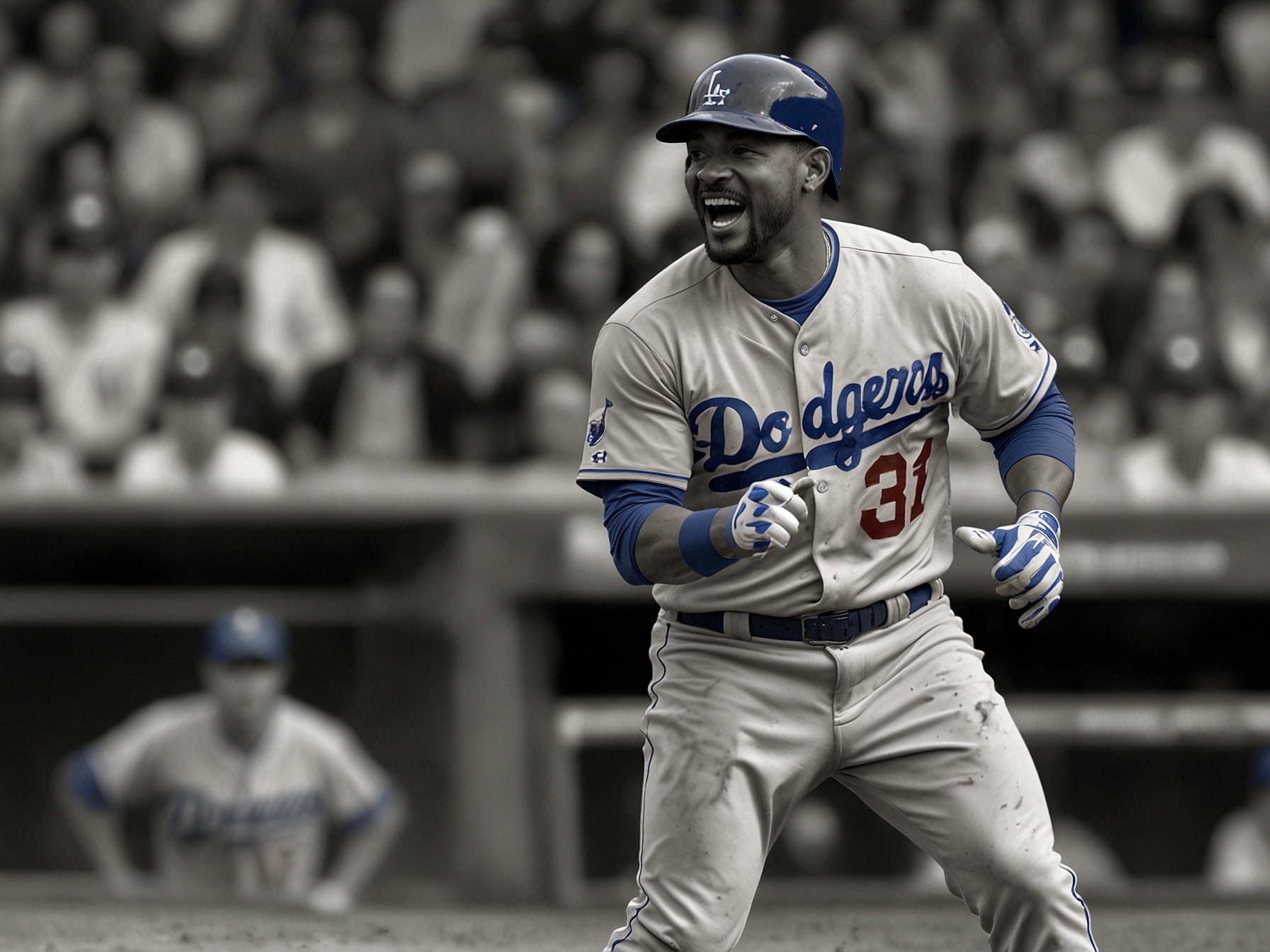 Will Smith of the Los Angeles Dodgers connects with a pitch, hitting a crucial double in the 11th inning that broke the tie and initiated a seven-run rally against the San Francisco Giants.