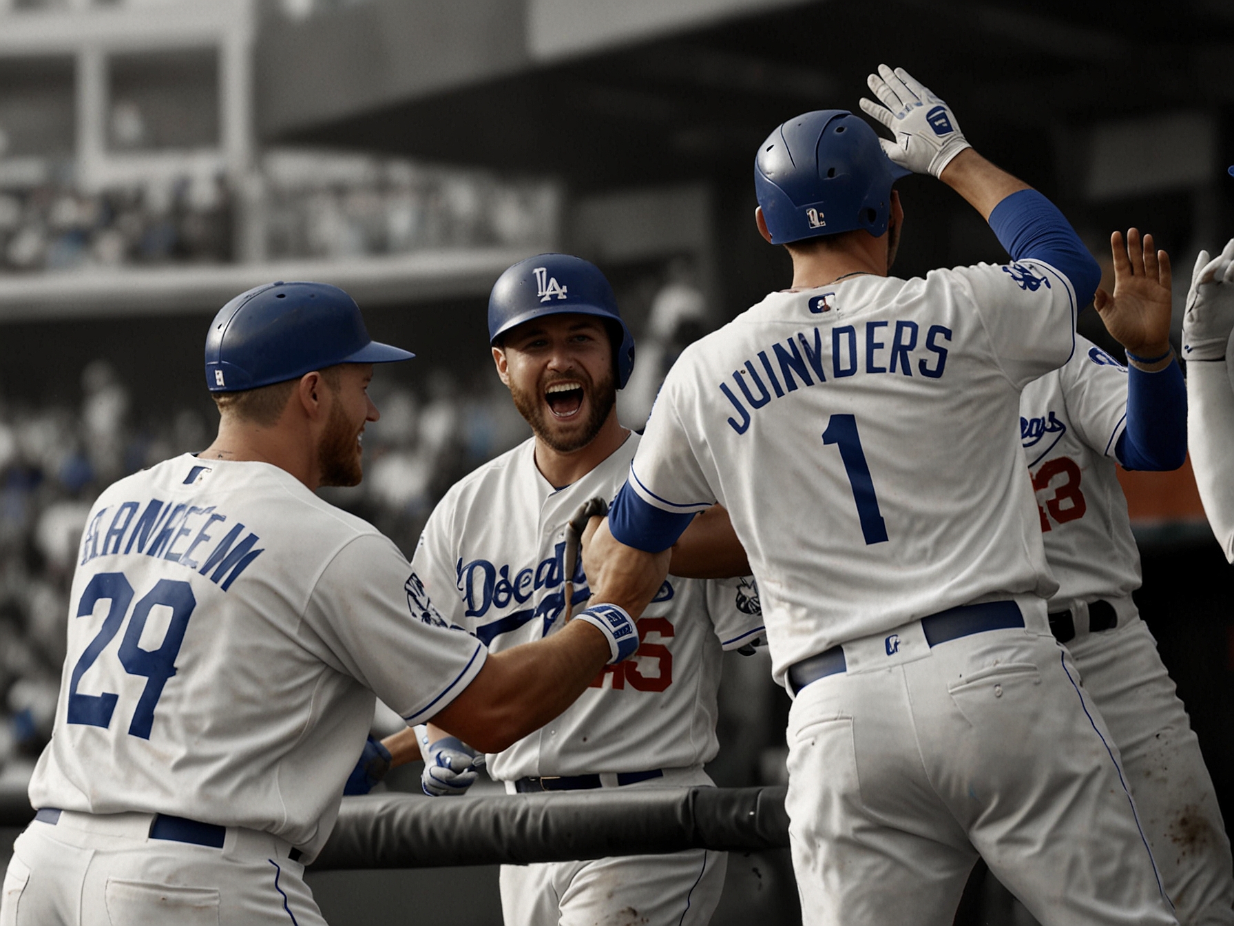 The jubilant Dodgers team celebrates after scoring seven runs in the 11th inning at Oracle Park, taking a commanding lead over the San Francisco Giants and securing their 14-7 victory.