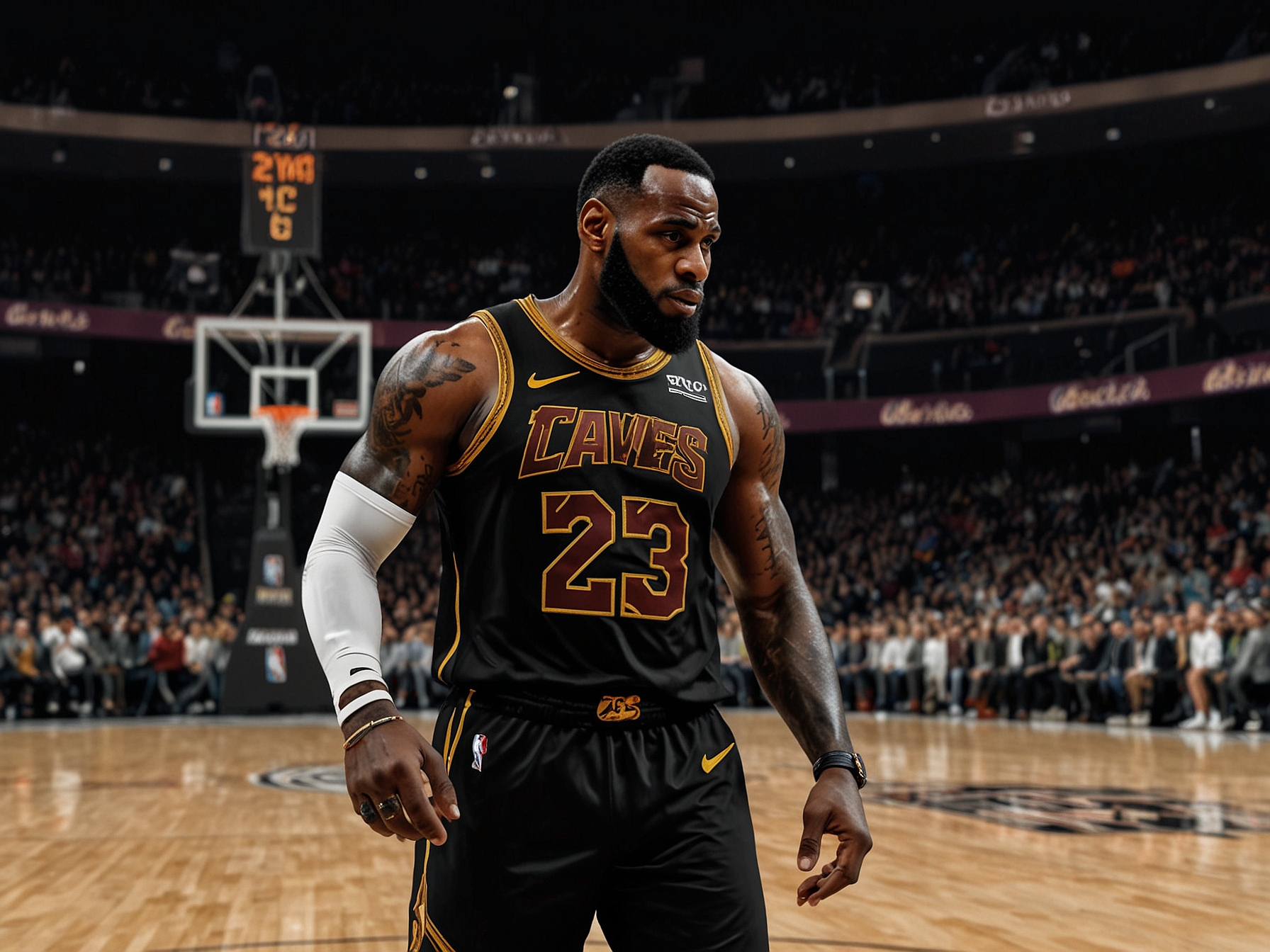 An image of LeBron James and his son Bronny James on the basketball court during an NBA game, illustrating their historic moment of playing together.
