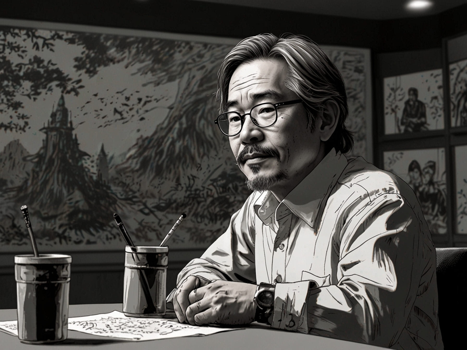 An image of Hidetaka Miyazaki at a press conference, reflecting on Elden Ring with the game’s magical world artwork in the background, illustrating his openness to a movie adaptation.