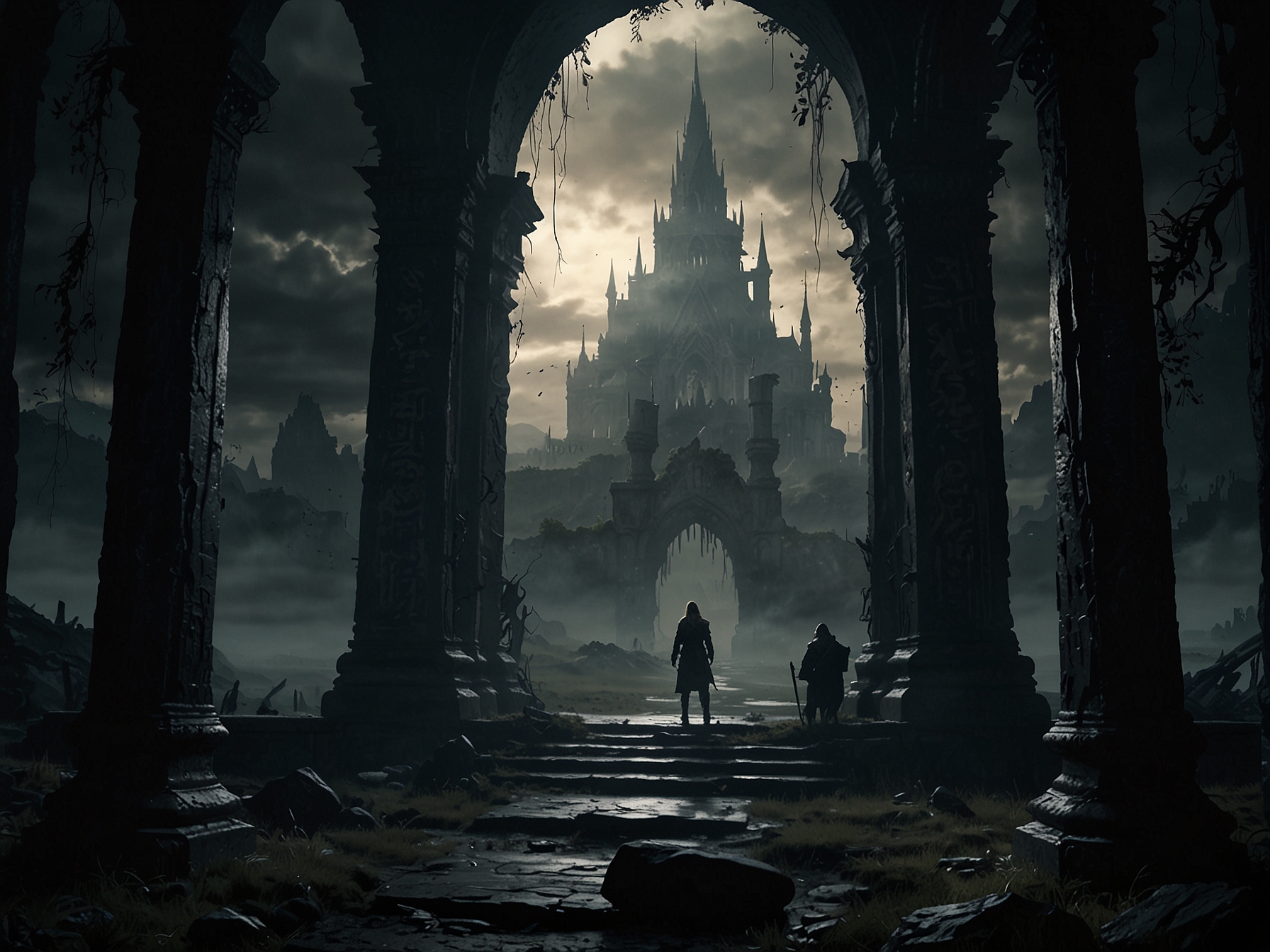 A cinematic poster-style image showing a scene from Elden Ring, depicting its dark and elaborate fantasy world, hinting at the rich visual potential for a movie adaptation.