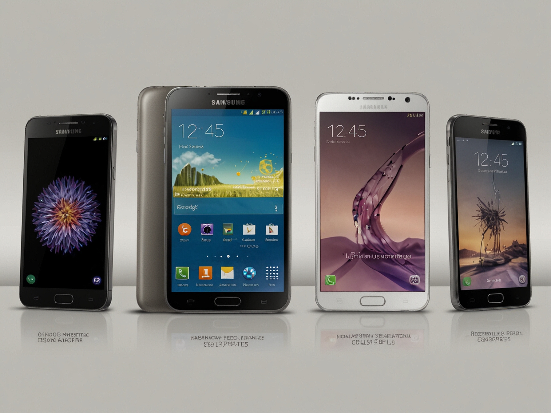 Two contrasting sections illustrating Samsung's diverse range of smartphones, including budget models, alongside Apple's premium iPhone models, emphasizing their market strategies.