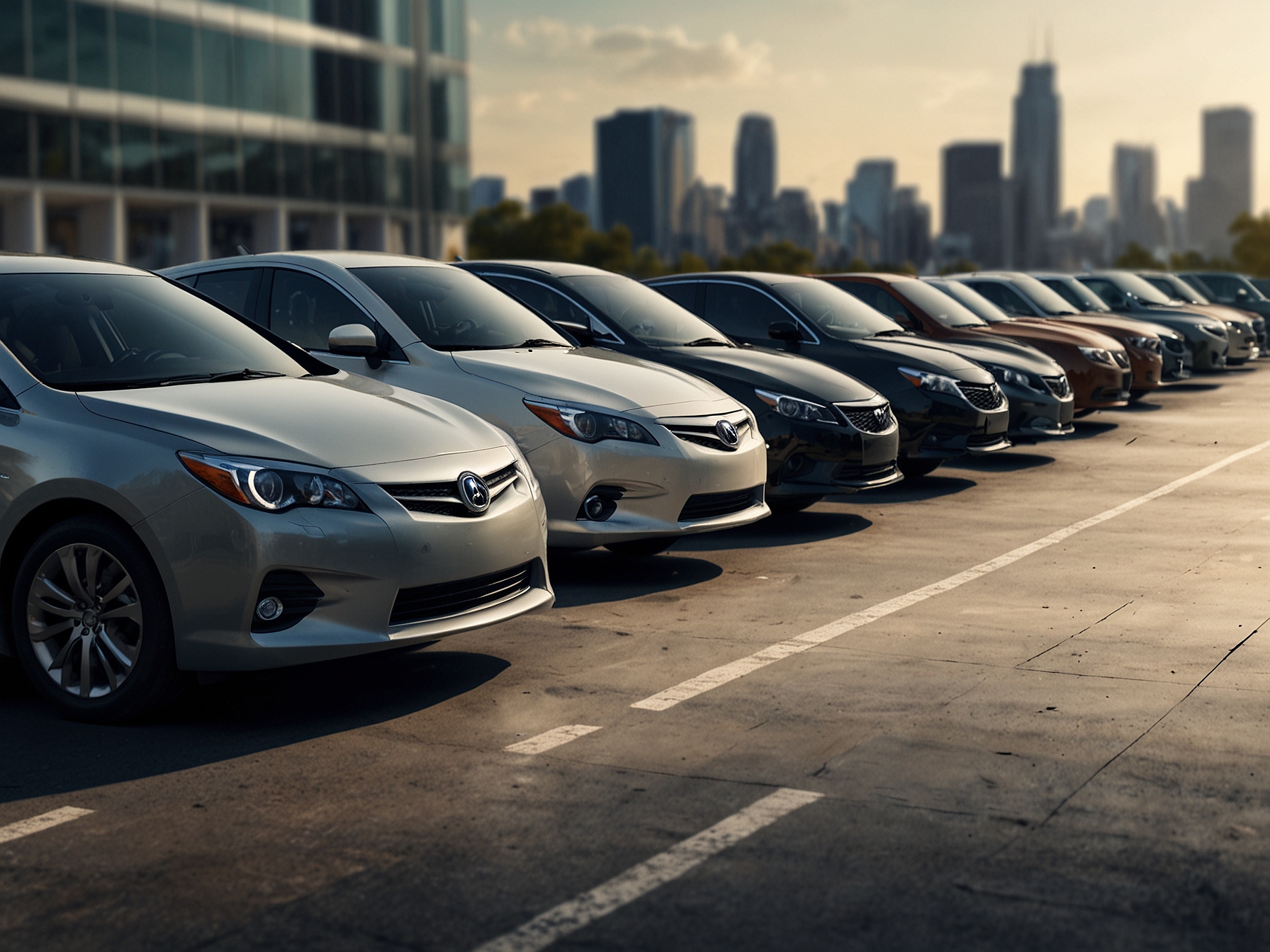 A diverse lineup of hybrid vehicles displayed at an auto show, showcasing compact cars, SUVs, and luxury sedans. These cars represent the shift towards eco-friendly transportation solutions.