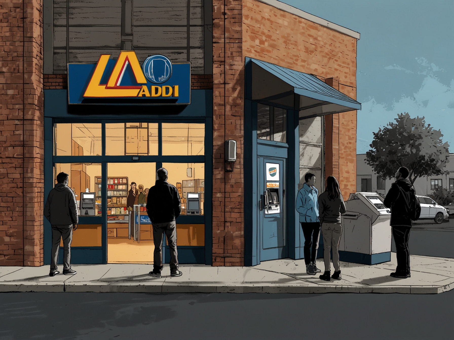 An Aldi store entrance with a banner announcing the grand opening, juxtaposed with frustrated customers using the problematic self-checkout machines inside.