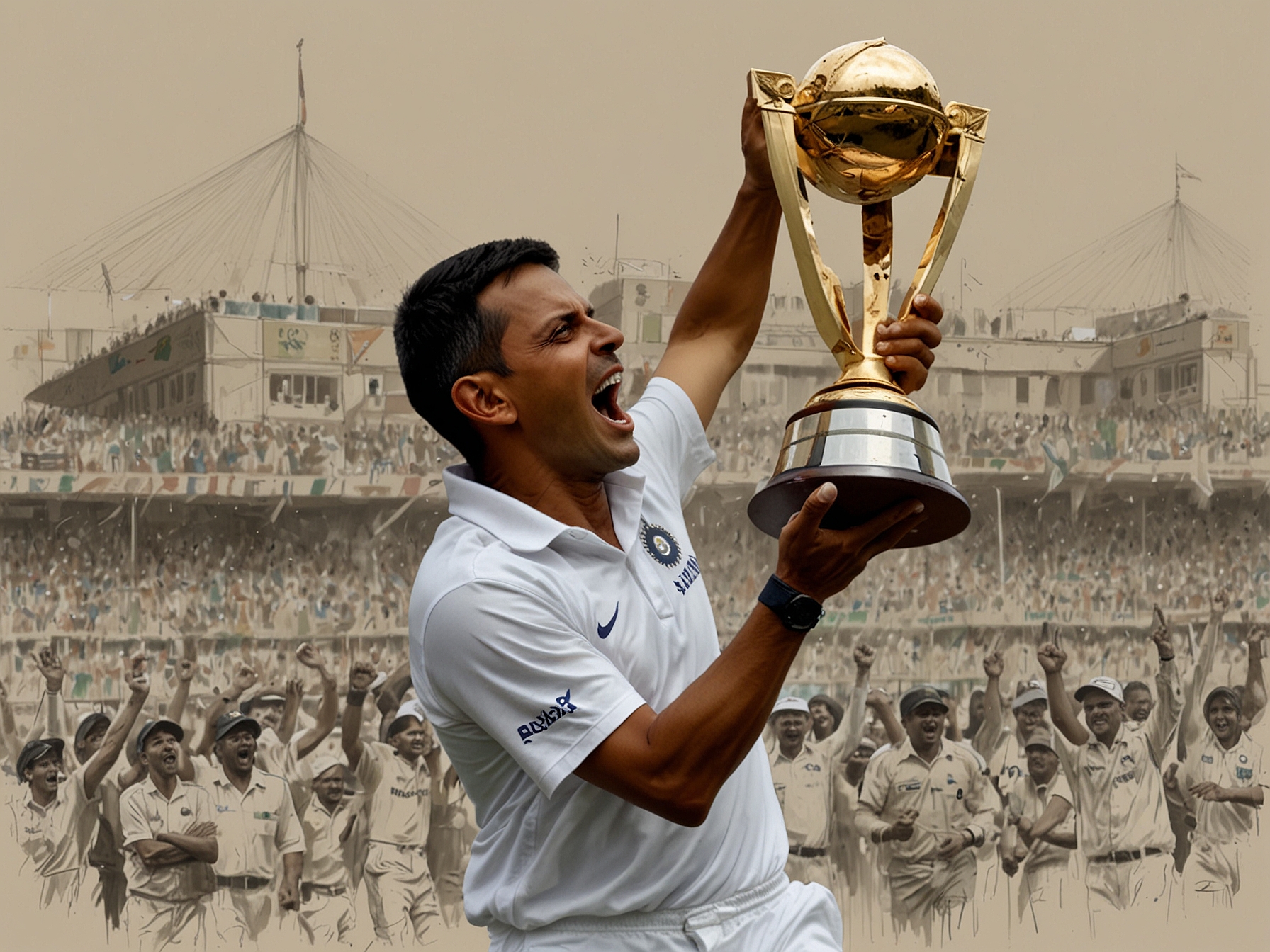 Rahul Dravid, nicknamed 'The Wall', jumps in joy and pumps his fists in a rare display of exuberance after Virat Kohli hands him the World Cup trophy, symbolizing India's triumph.