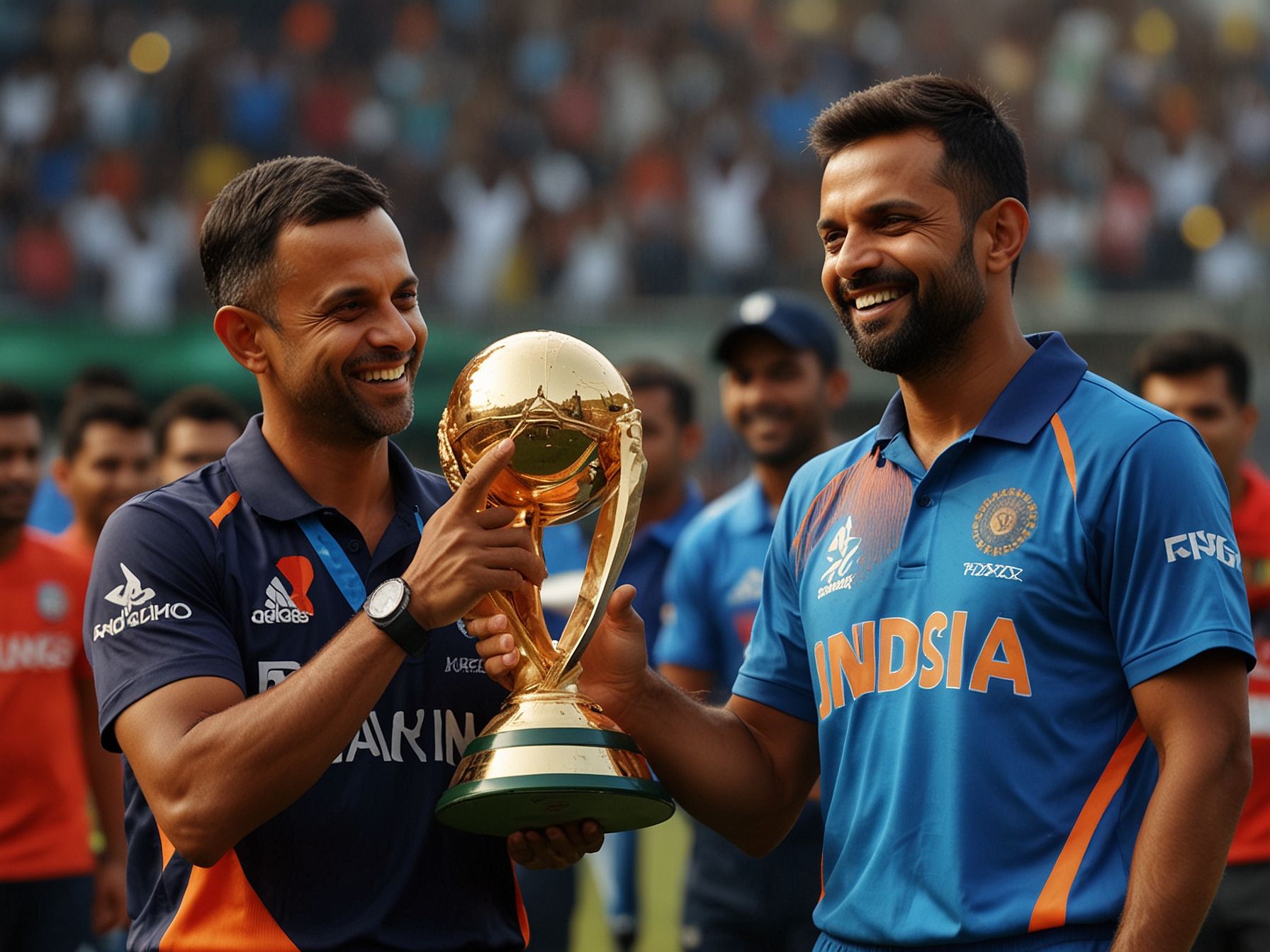A jubilant Rahul Dravid receives the World Cup trophy from Virat Kohli. The emotional moment showcases Dravid's unrestrained happiness and respect from the Indian cricket team for his contributions.