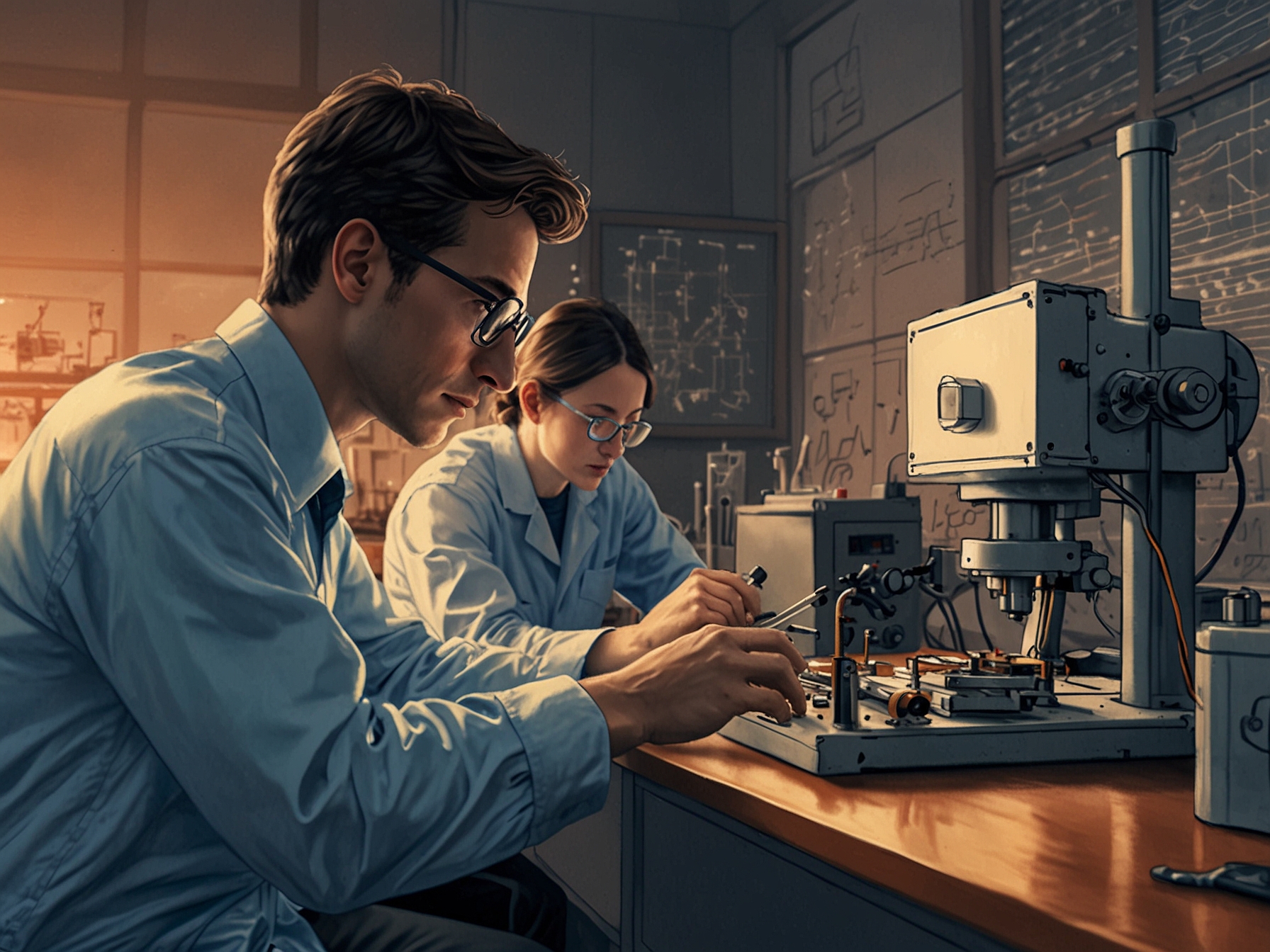 Illustration of researchers using high-resolution microscopy and spectroscopy techniques to measure thermal expansion in atom-thin materials, highlighting the advanced equipment used.