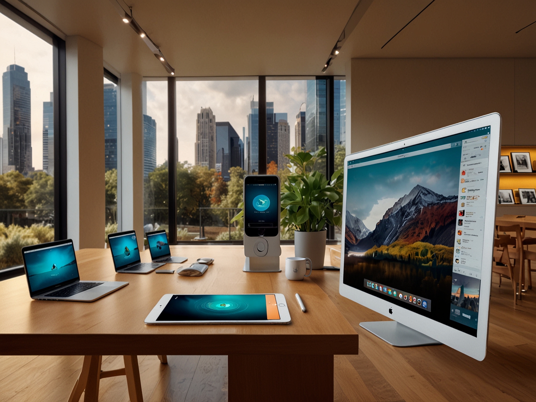 An illustration showcasing Apple's ecosystem with interconnected devices like iPhone, iPad, MacBook, and Apple Watch, highlighting seamless integration and user experience.