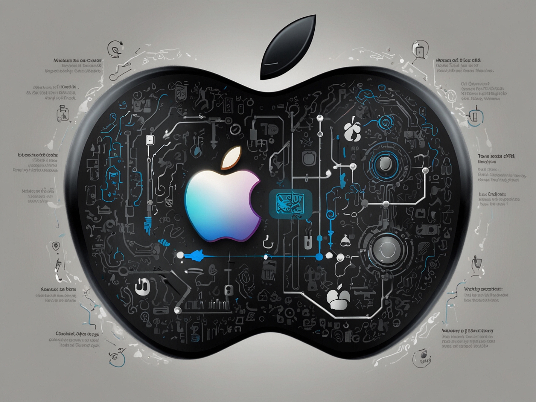 A graphic emphasizing Apple's AI and privacy features, with icons representing Siri, data security measures, and services like Apple Music, showcasing the company's commitment to user trust.
