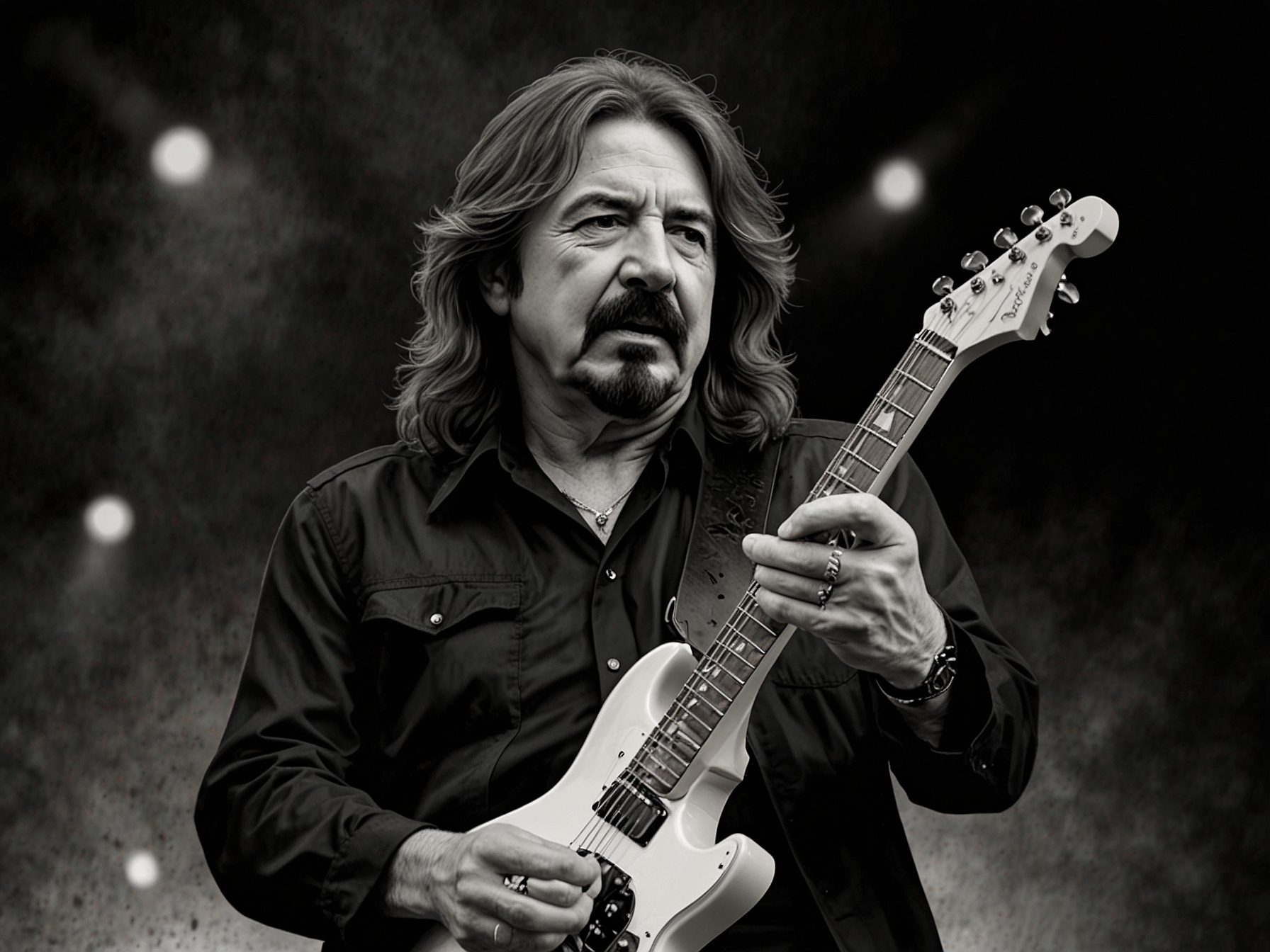 Geezer Butler, legendary bassist of Black Sabbath, performing 'Paranoid' on stage with Foo Fighters in Birmingham, electrifying the audience with a historic rock collaboration.