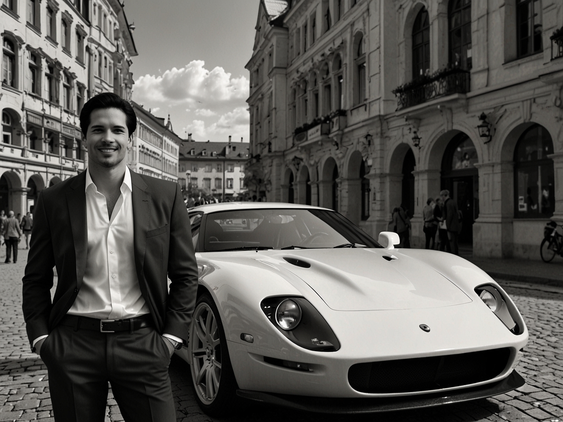 Dino Morea standing next to a high-performance sports car in Munich, with the city's mix of traditional Bavarian architecture and modern buildings in the background.
