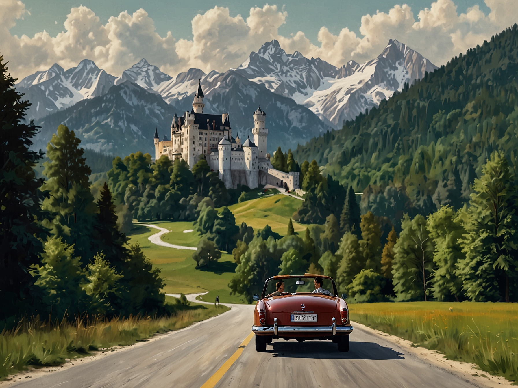 Dino Morea driving through the picturesque Bavarian countryside, surrounded by lush meadows, quaint villages, and the iconic Neuschwanstein Castle in the distance.