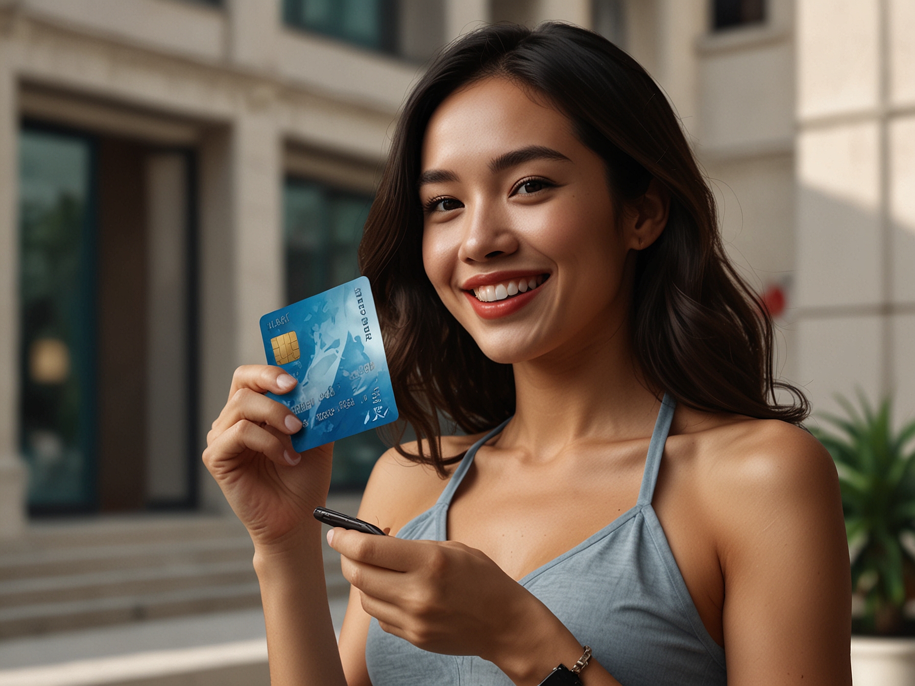 A joyful customer holding an HSBC credit card and luxury travel package prize, representing the grand prize of the MoneySmart x HSBC Credit Card Lucky Draw 2024.