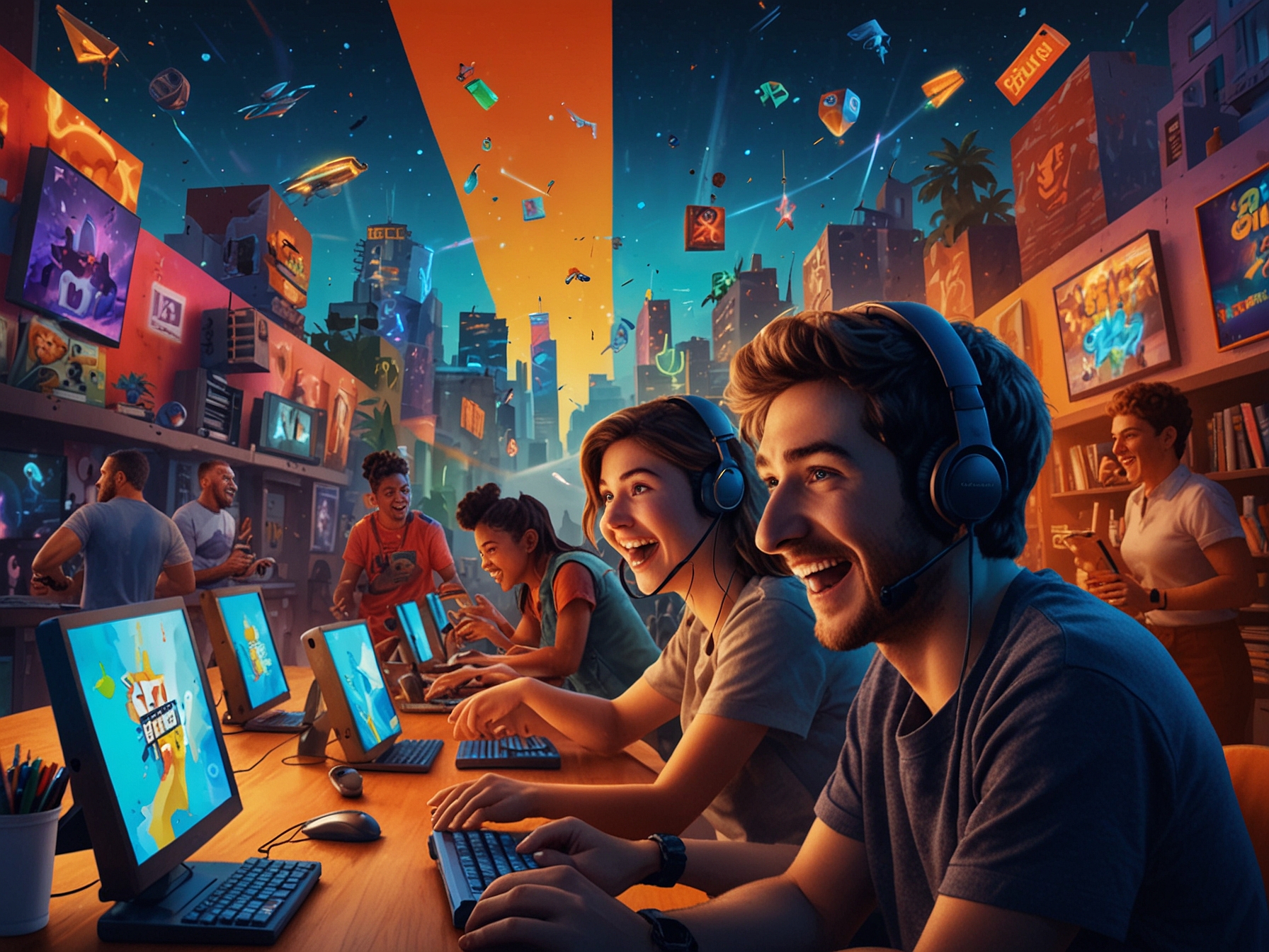A vibrant collage depicting excited gamers experiencing different free games from Amazon Prime's offerings, set against a backdrop of the iconic Amazon Prime Day promotional imagery.