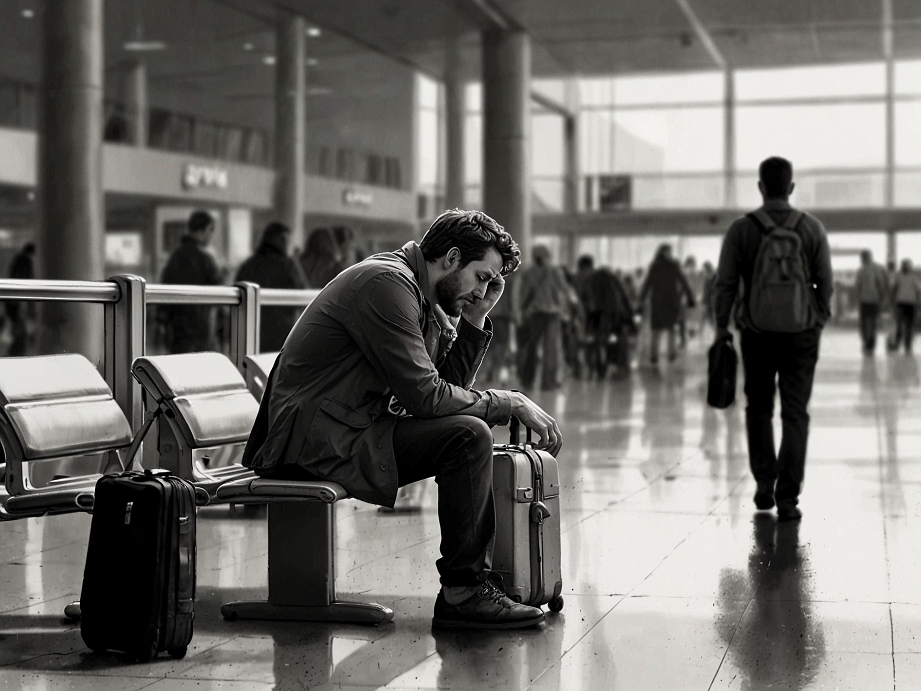 A frustrated traveler in an airport, unable to connect via their smartphone due to international roaming service outages from major U.S. mobile carriers like AT&T, T-Mobile, and Verizon.
