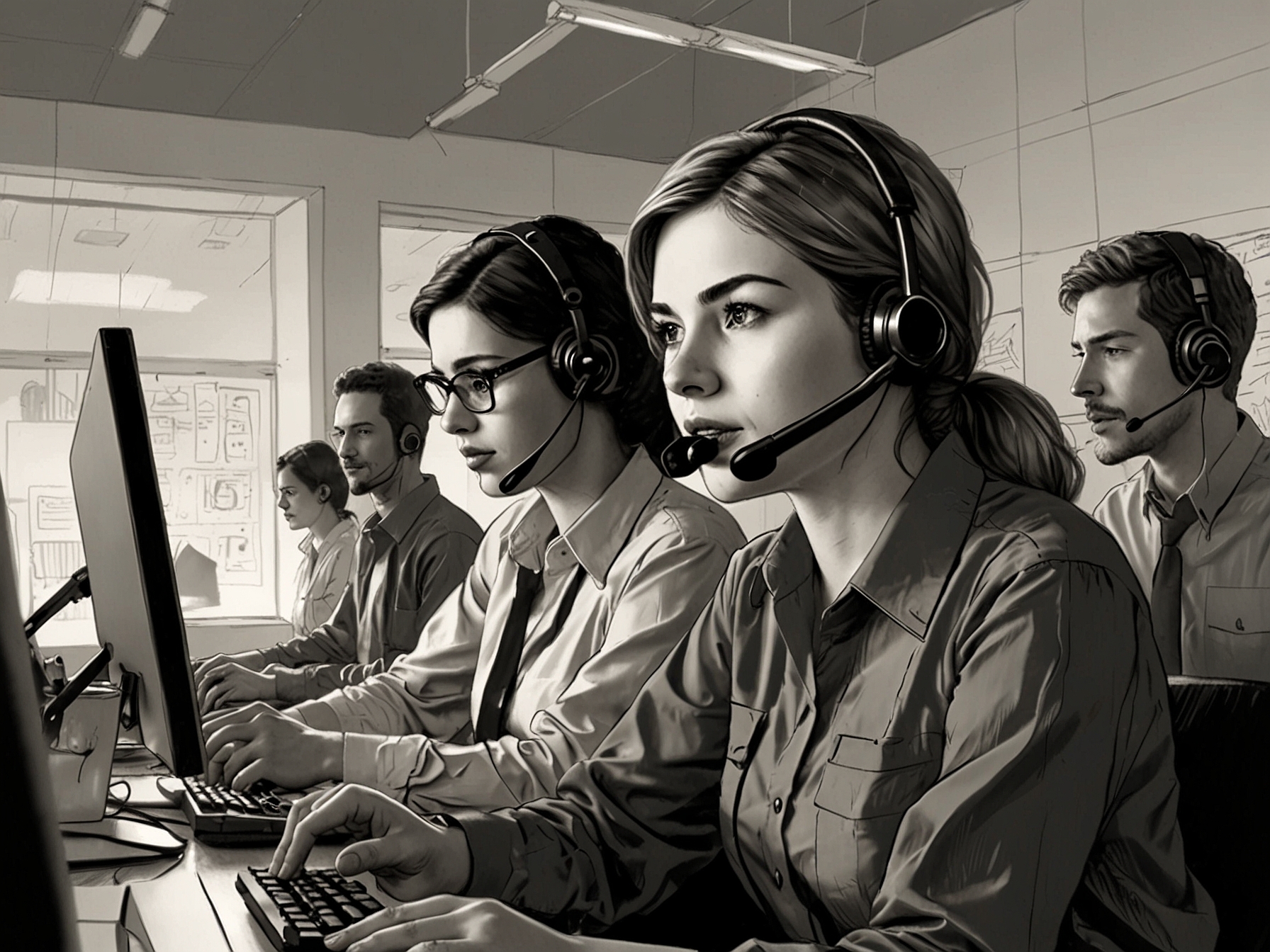 A mobile customer support team working diligently at a help center, addressing complaints and trying to resolve the ongoing service interruptions affecting international roaming users.