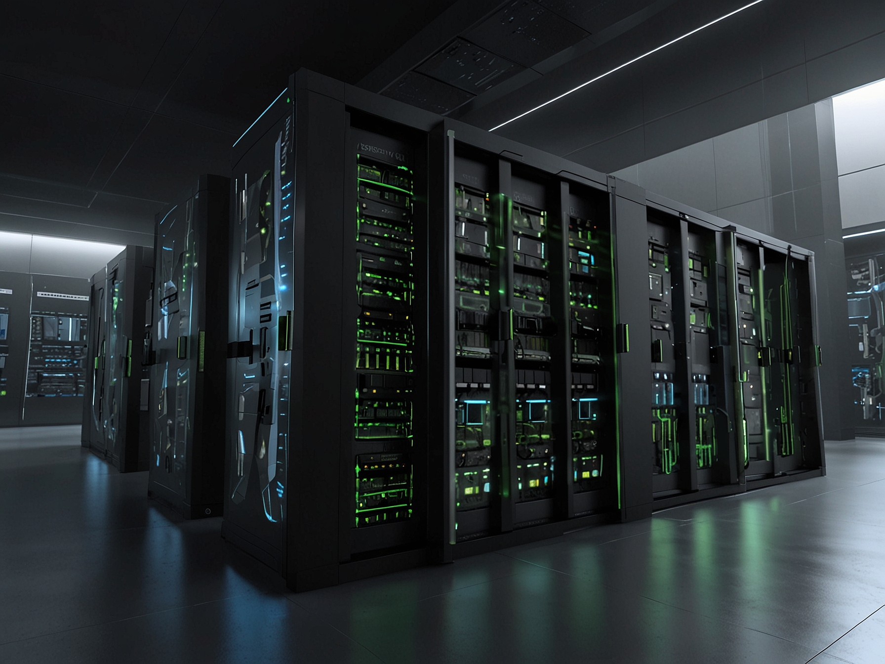 A futuristic data center with NVIDIA GPUs, showcasing the powerful hardware relied upon by AI professionals for high-performance computing and AI workloads.