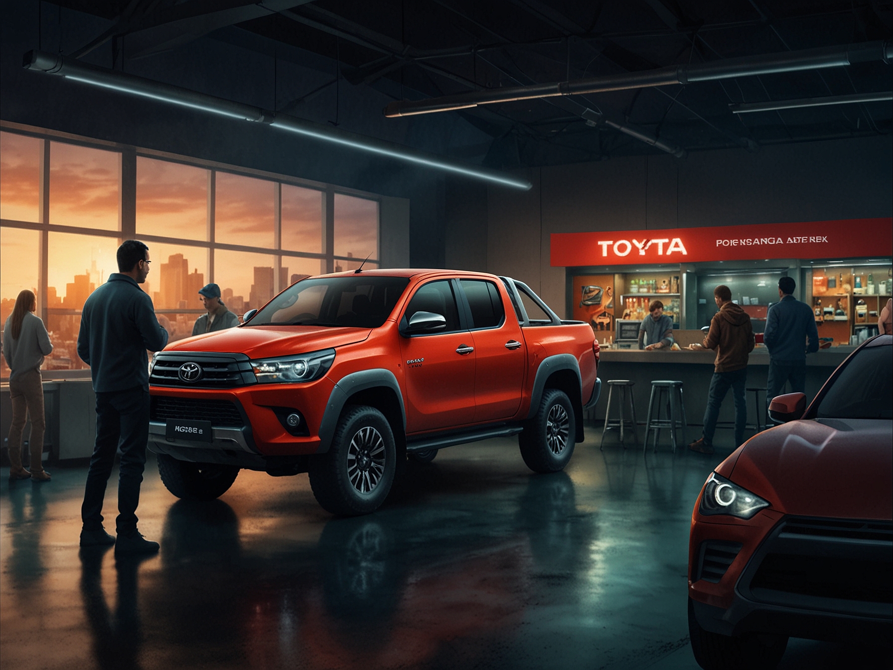 Illustration of a Toyota dealership where a Hilux GR-S pickup truck is being inspected for a sports bar replacement, highlighting the proactive service campaign.