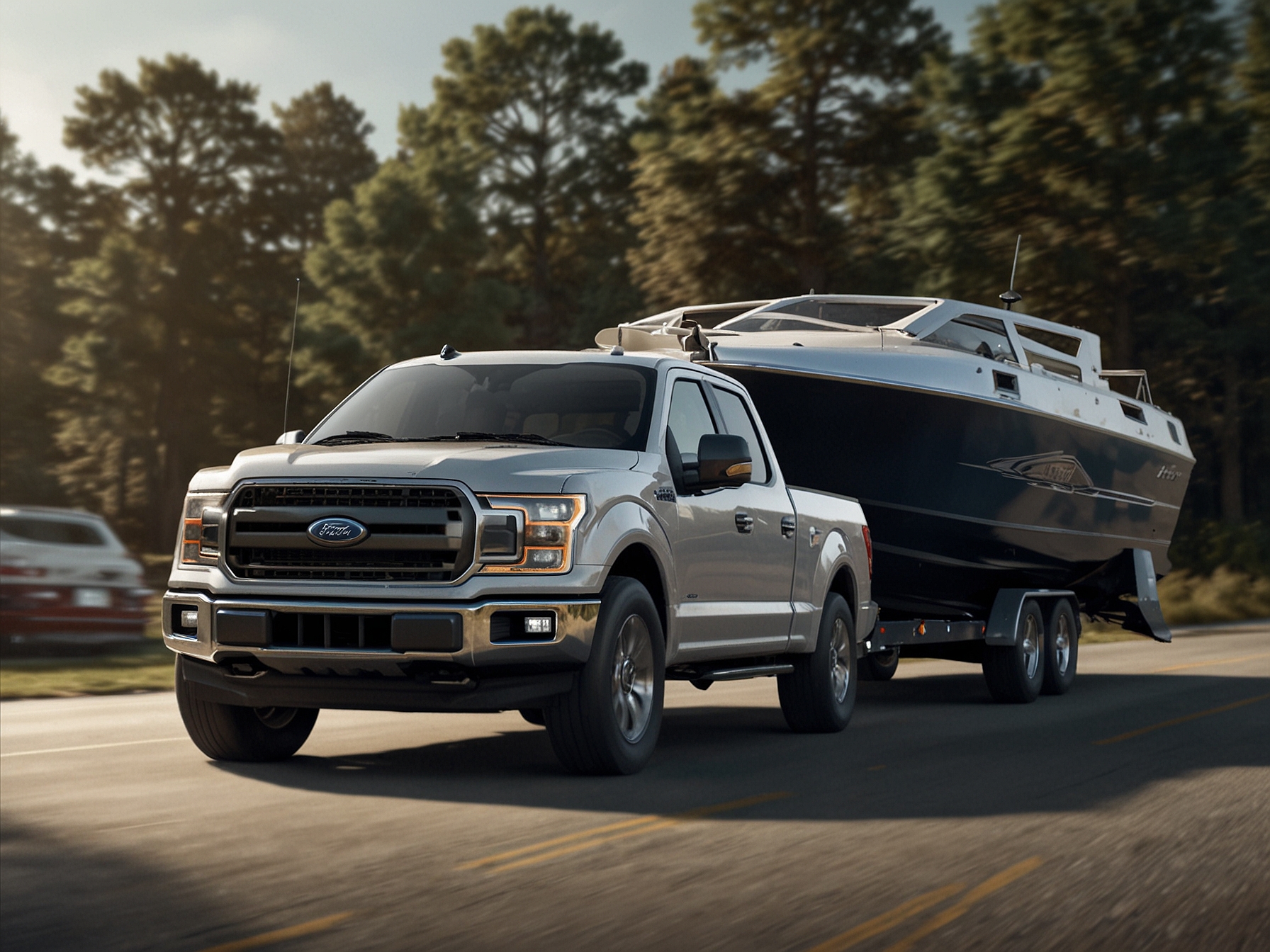A Ford F-150 towing a large boat on a trailer, showcasing its robust towing capabilities and advanced features like Pro Trailer Backup Assist and onboard scales.
