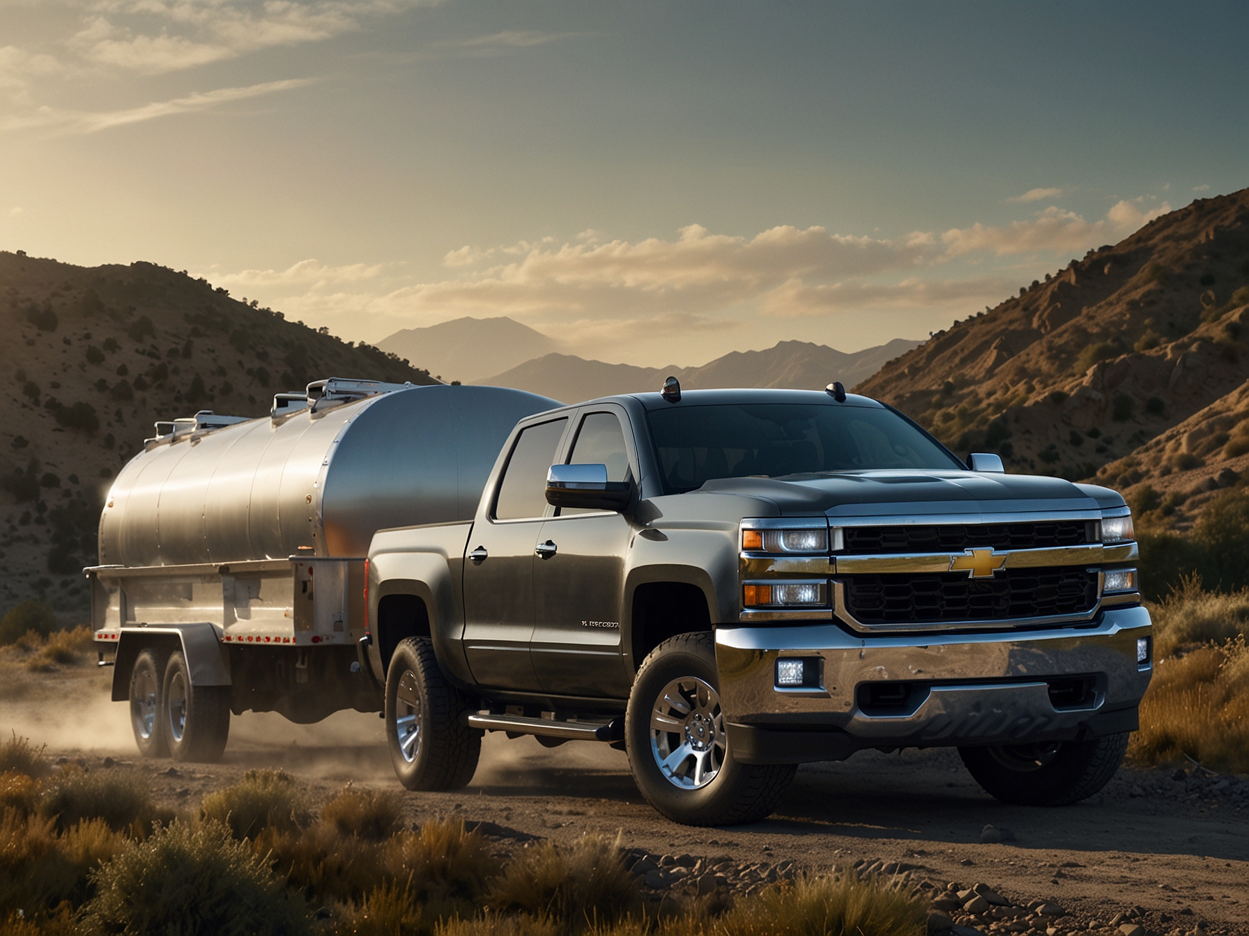 A powerful Chevrolet Silverado 1500 hauling a heavy-duty trailer up a steep incline, emphasizing its 6.2-liter V8 engine and advanced towing technologies like Transparent Trailer View.