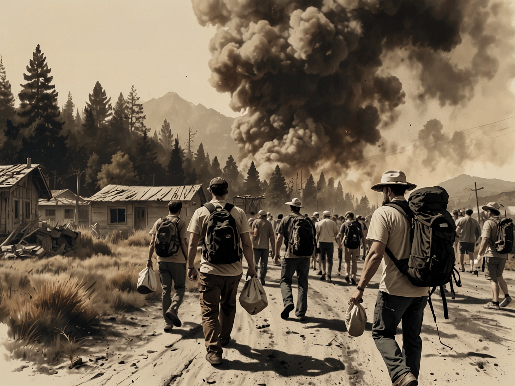 An emergency evacuation scene with tourists and locals fleeing a wildfire-affected area, carrying essentials. Flames and smoke fill the background, highlighting the severity of the situation.