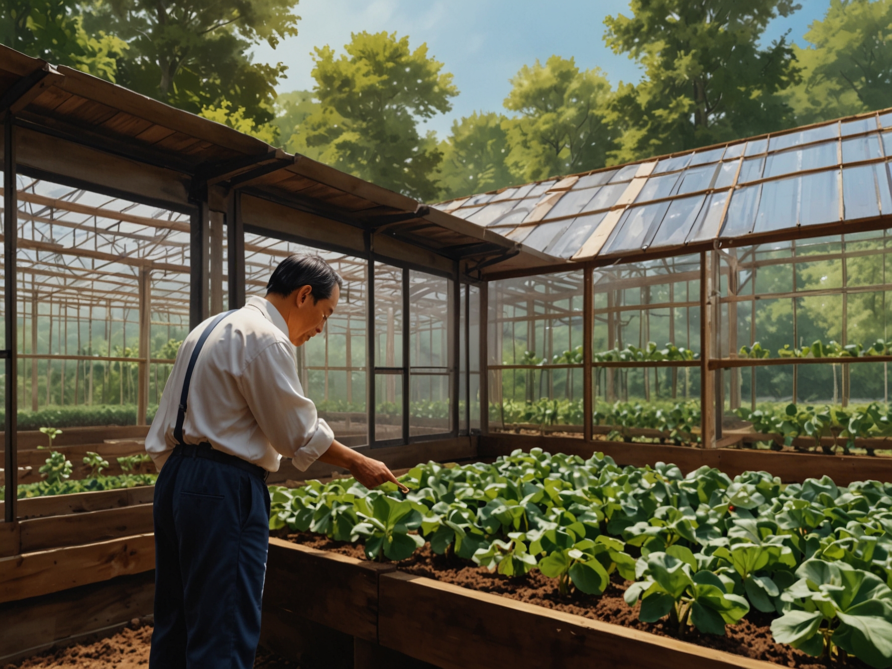 Toshihide Takase meticulously inspecting his Burgundy snail farm in Japan, showcasing the custom-built structures designed to regulate temperature and humidity for optimal snail growth.