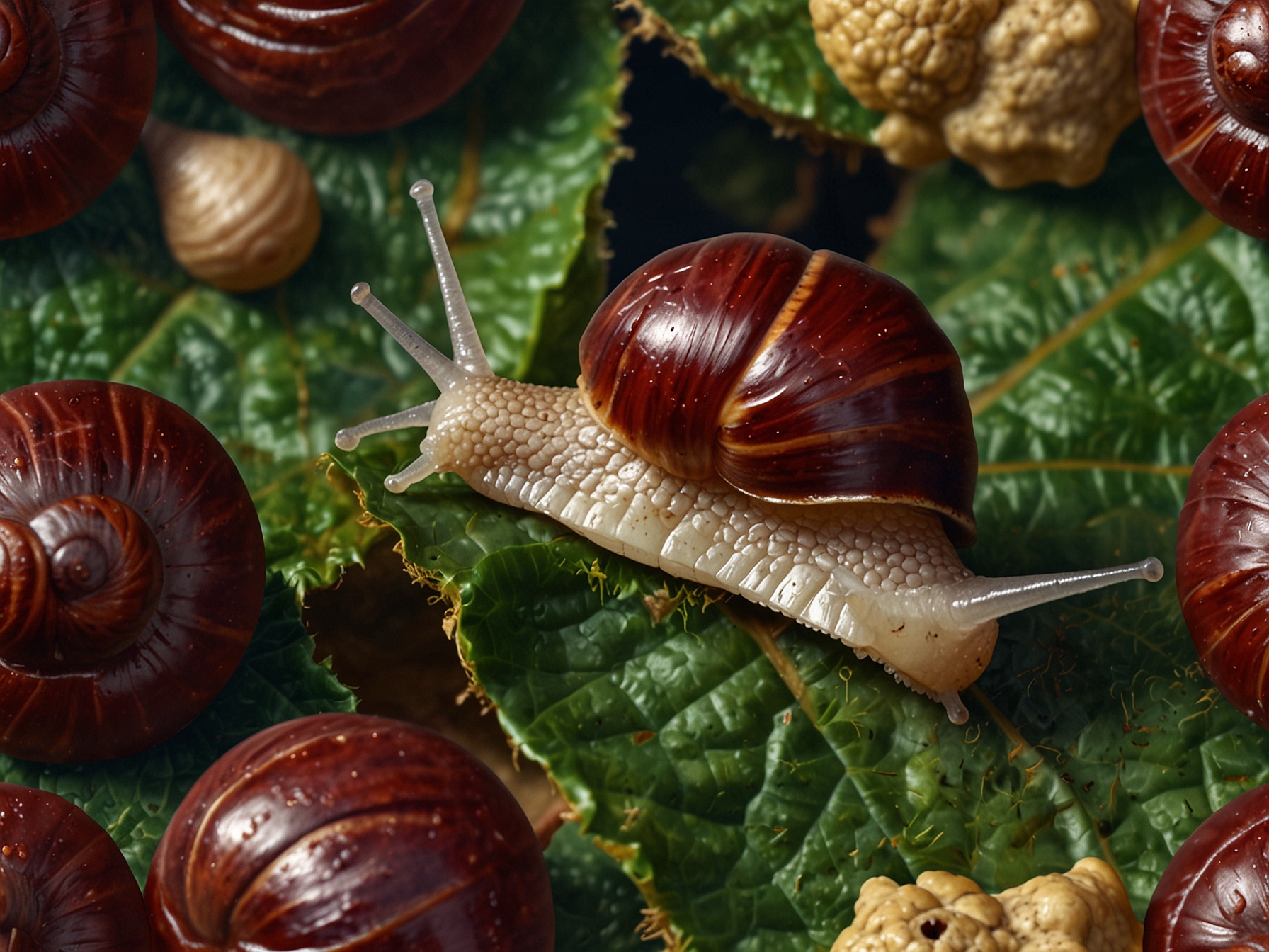 Close-up of plump Burgundy snails in their carefully maintained habitat, illustrating the successful breeding techniques implemented by Takase, making them comparable to those in top French restaurants.