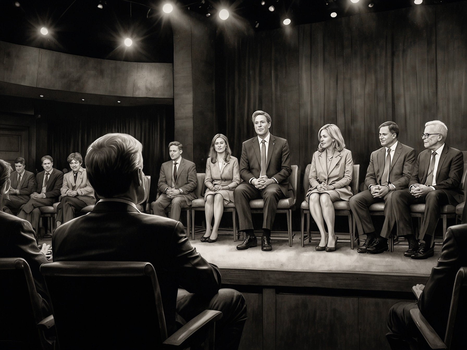 Candidates on stage responding to probing questions from moderators, capturing their expressions and body language, under the keen eyes of a live audience and millions of viewers at home.