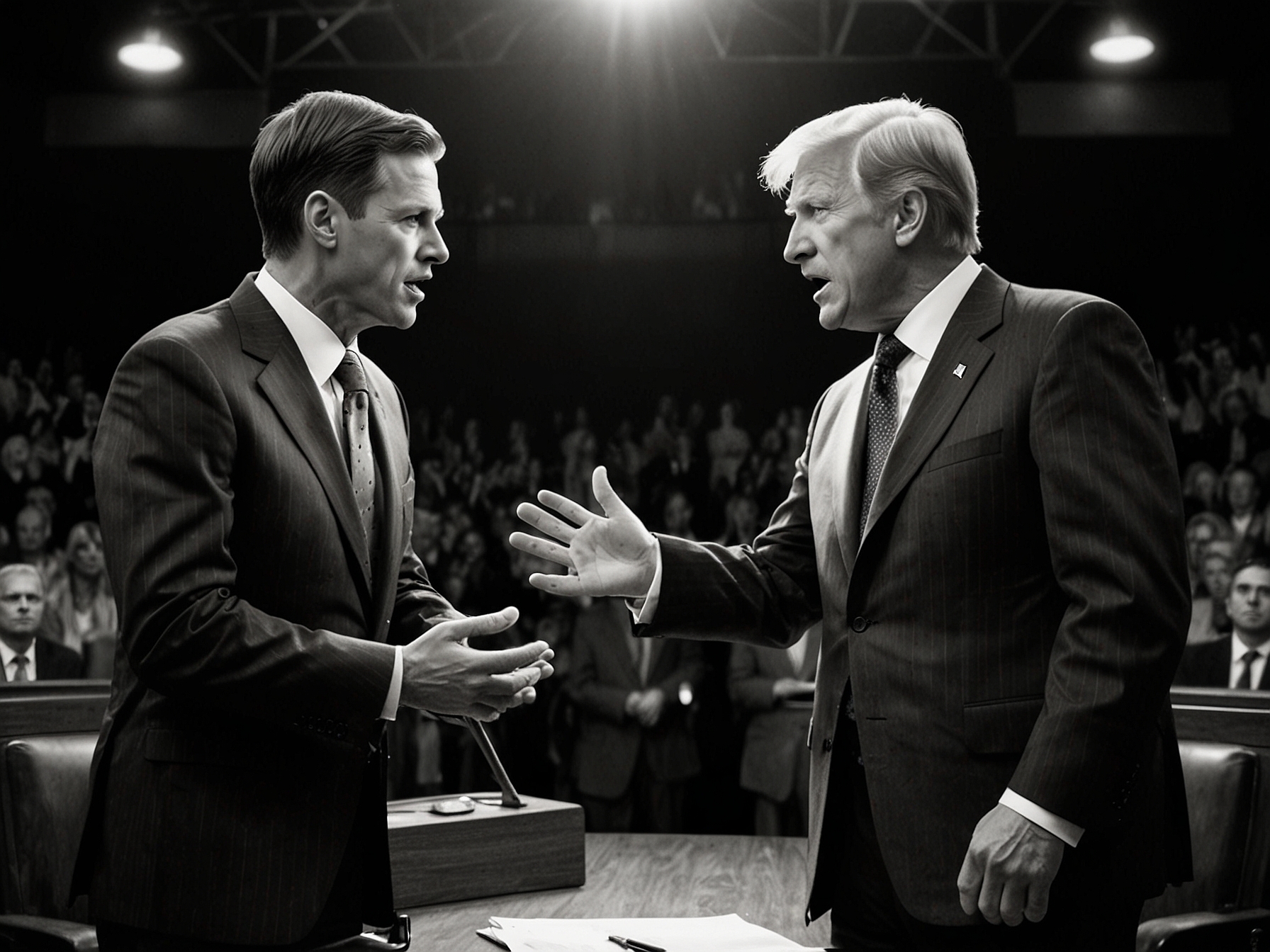 A tense moment where two candidates engage in a heated exchange, highlighting the intensity and drama of the political debate, as the spotlight focuses on their reactions and arguments.
