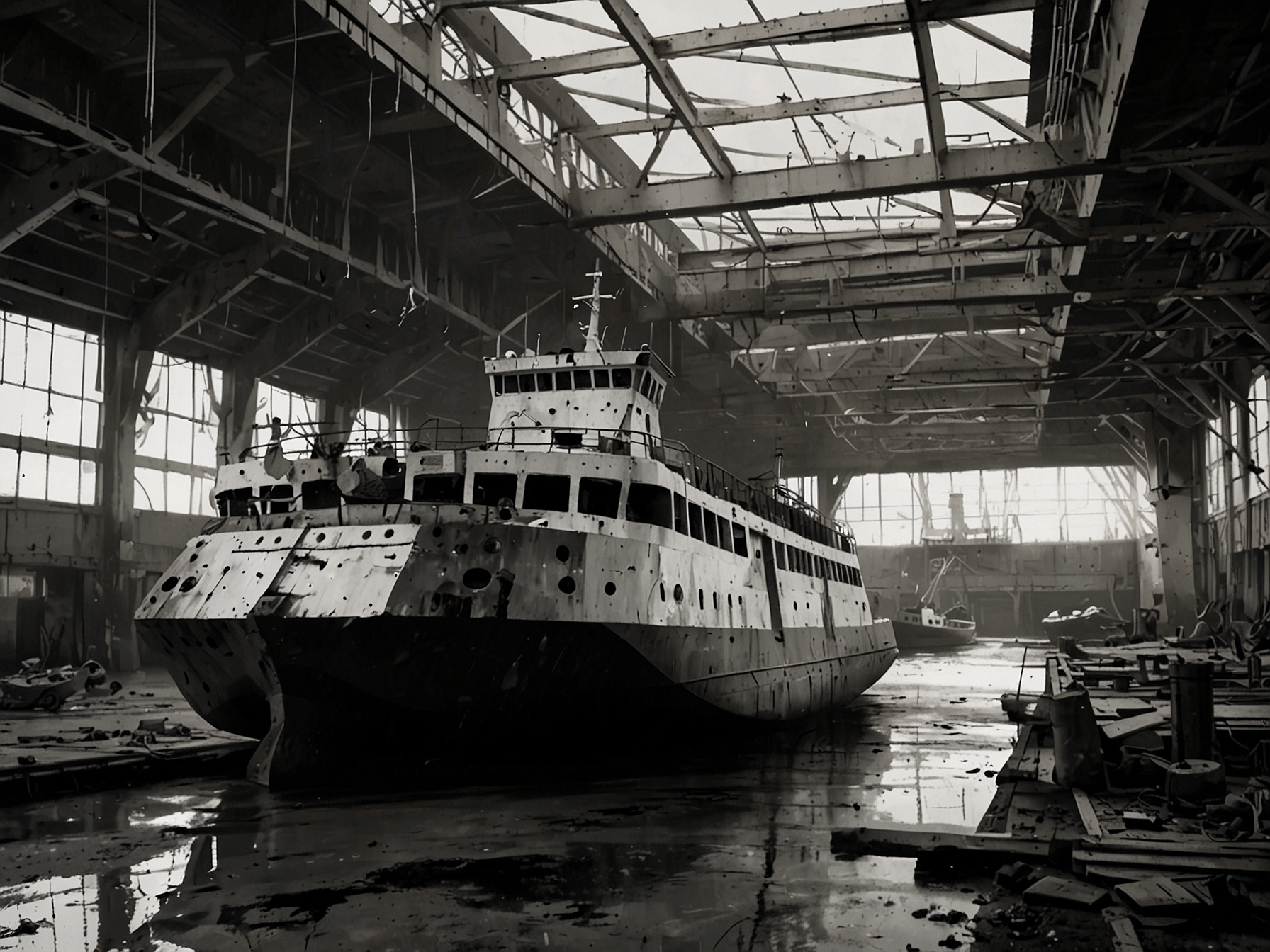 Image showing a dilapidated, incomplete ferry in a Scottish shipyard, symbolizing the ongoing ferries fiasco and the contemporary issues in Scotland's maritime infrastructure.