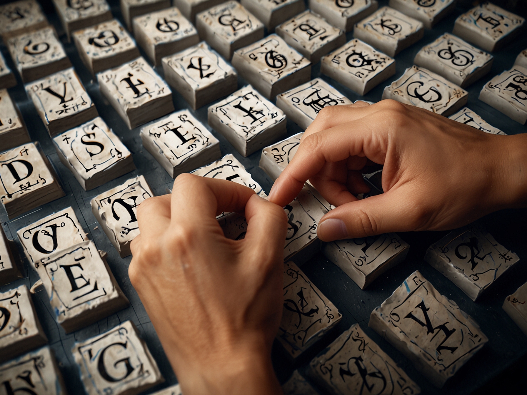 A close-up view of a player’s hands re-arranging letter tiles to discover new word combinations in the NYT Strands game. This action emphasizes the strategy of shuffling letters to find hidden words.