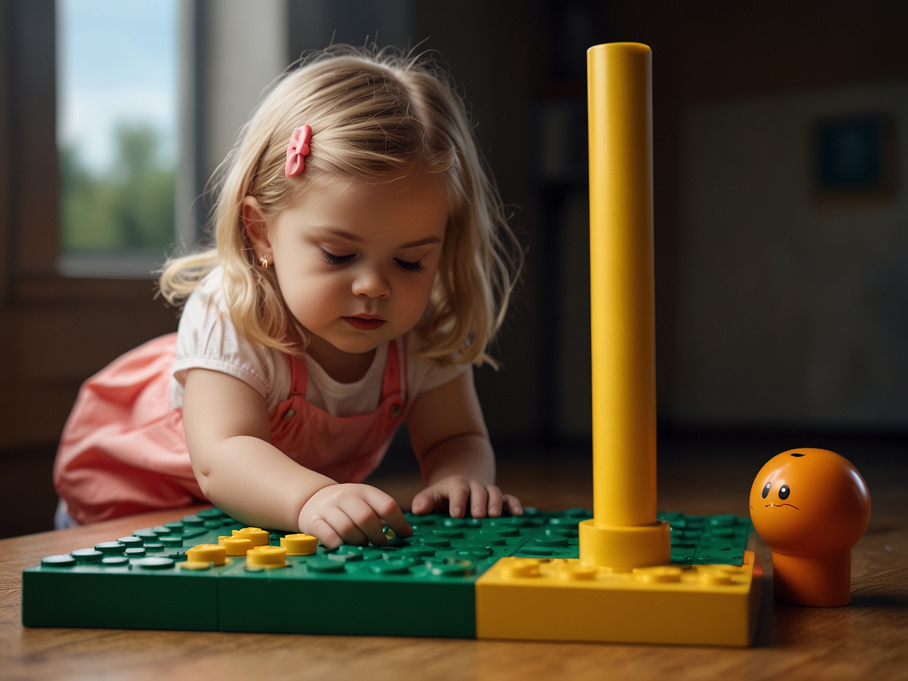 Image of the Lego Princess Peach Starter Course displaying the interactive Peach figure, Start Pipe, Goal Pole, Lemmy, and Yellow Toad. A young child is seen playing with the set, illustrating its engaging features.
