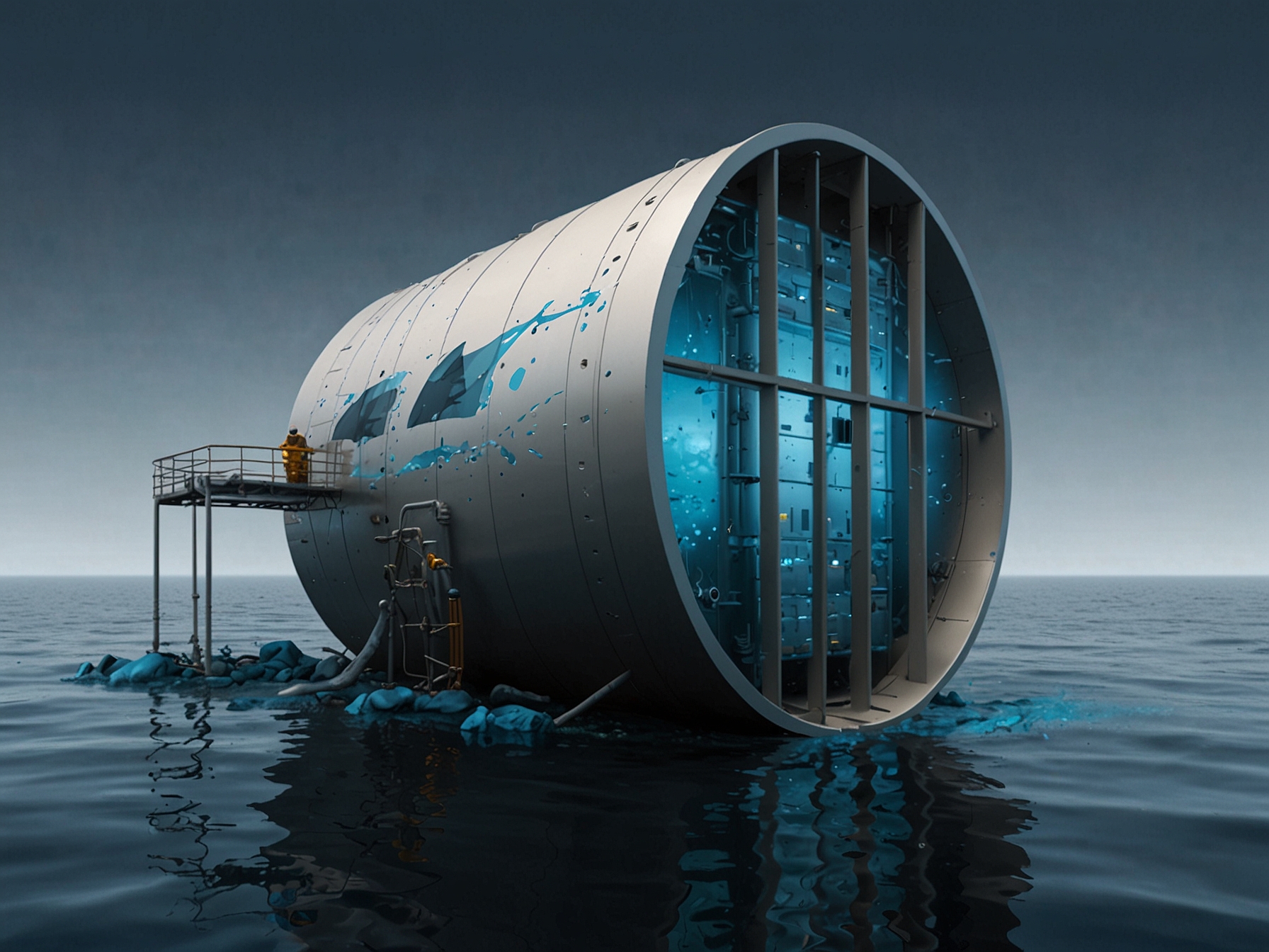 An illustration depicting Microsoft's underwater data center, a 40-foot cylindrical pod, submerged off the Orkney Islands, highlighting sustainable and eco-friendly data center technology.