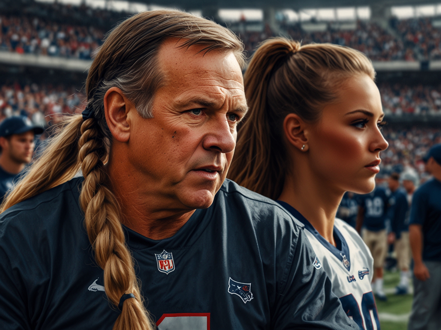 A split image showing Bill Belichick on the sidelines of an NFL game and a young cheerleader performing, highlighting the contrasting public and private lives of high-profile figures.