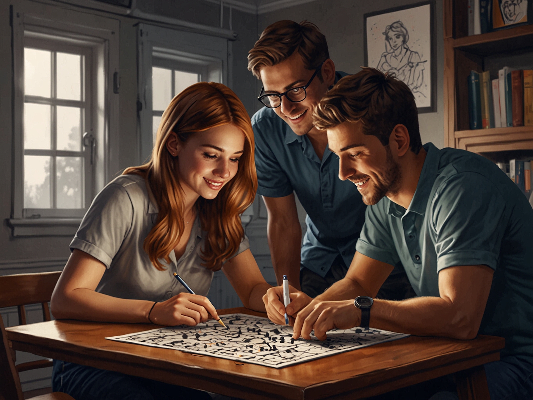 A group of friends gathered around a table, discussing potential solutions to a Quordle puzzle on a tablet, emphasizing the social and collaborative aspect of the game.
