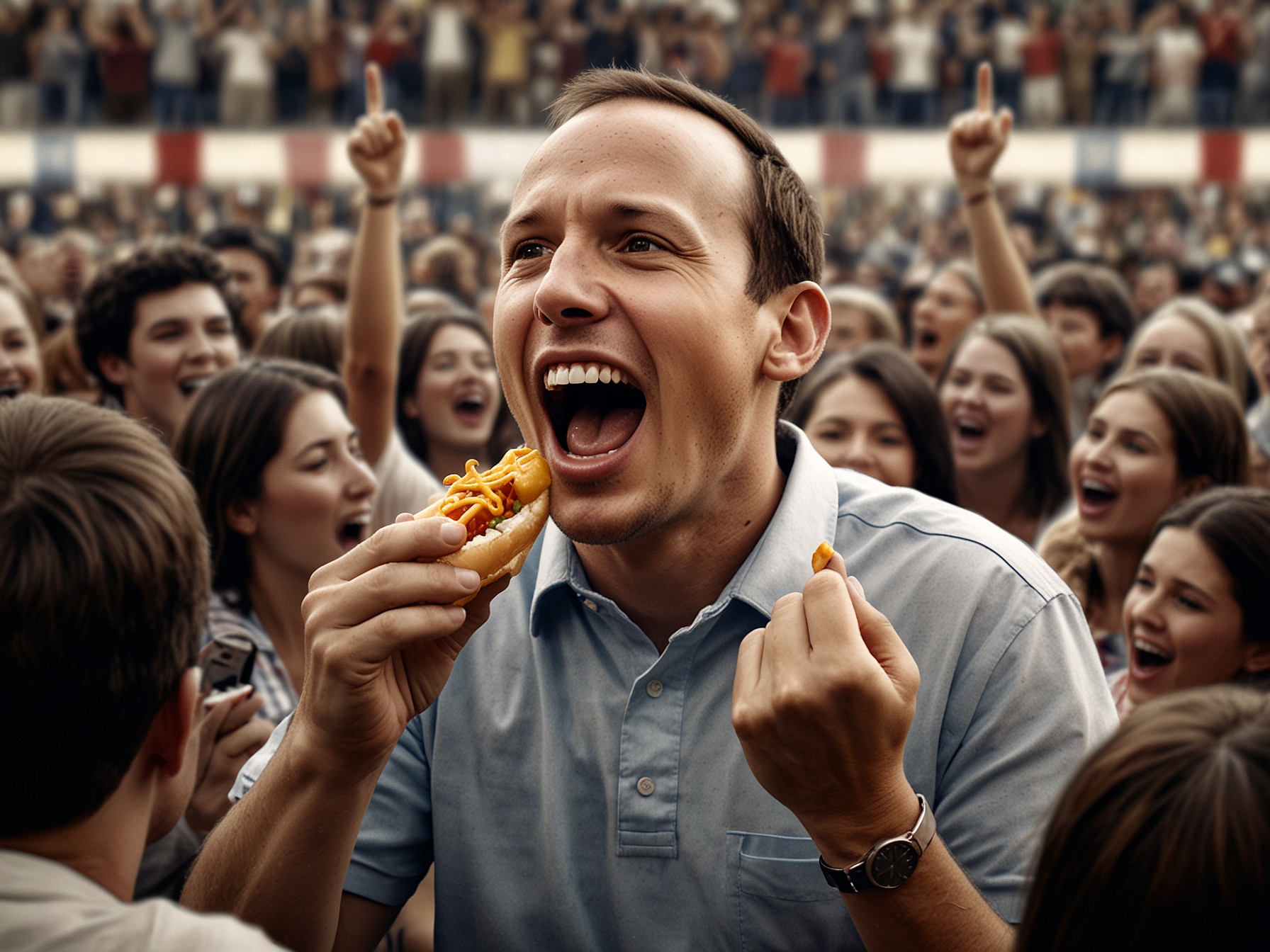 Joey Chestnut energetically eating hot dogs, surrounded by a cheering crowd, capturing the exhilarating atmosphere of a competitive eating event.