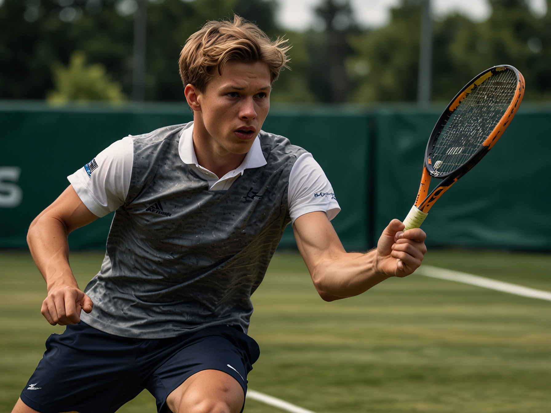 Image of Jannik Sinner in an intense match on a grass court, showcasing his exceptional footwork and balance, attributes believed to be influenced by his background in skiing.