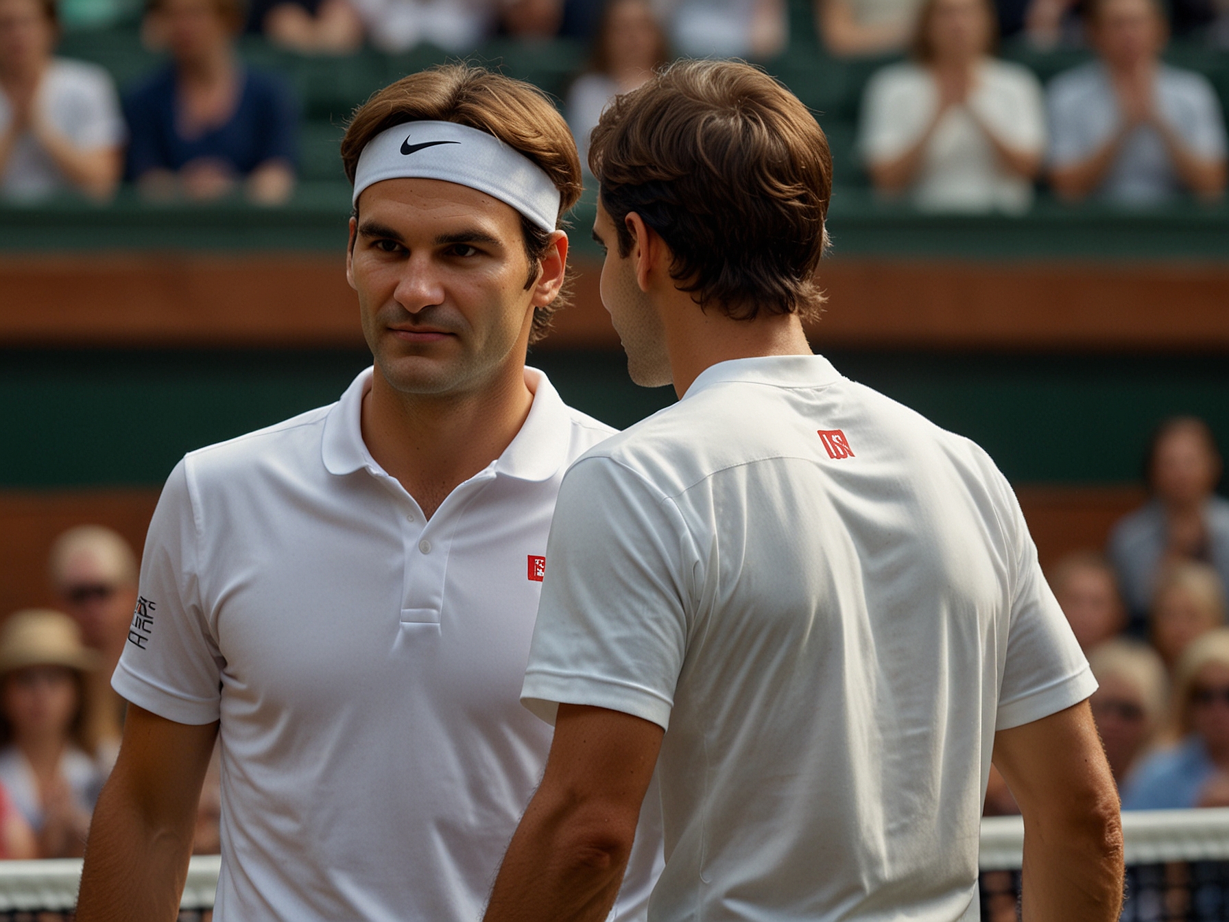Illustration of Jannik Sinner and Roger Federer side-by-side, highlighting Sinner's calm demeanor and strategic gameplay, drawing parallels with Federer's legendary Wimbledon performances.