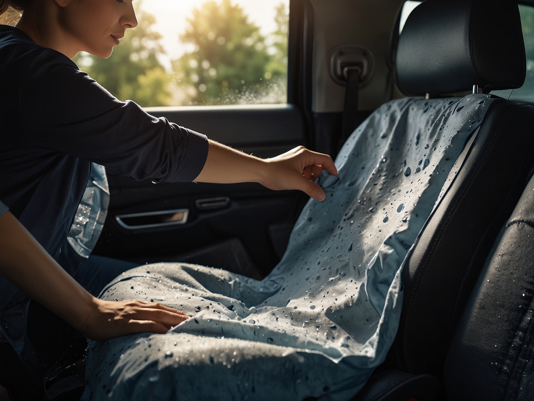 A person placing a damp, water-soaked cloth on a car seat, illustrating a cost-effective method to cool down the seat and improve comfort when entering a parked car under the sun.