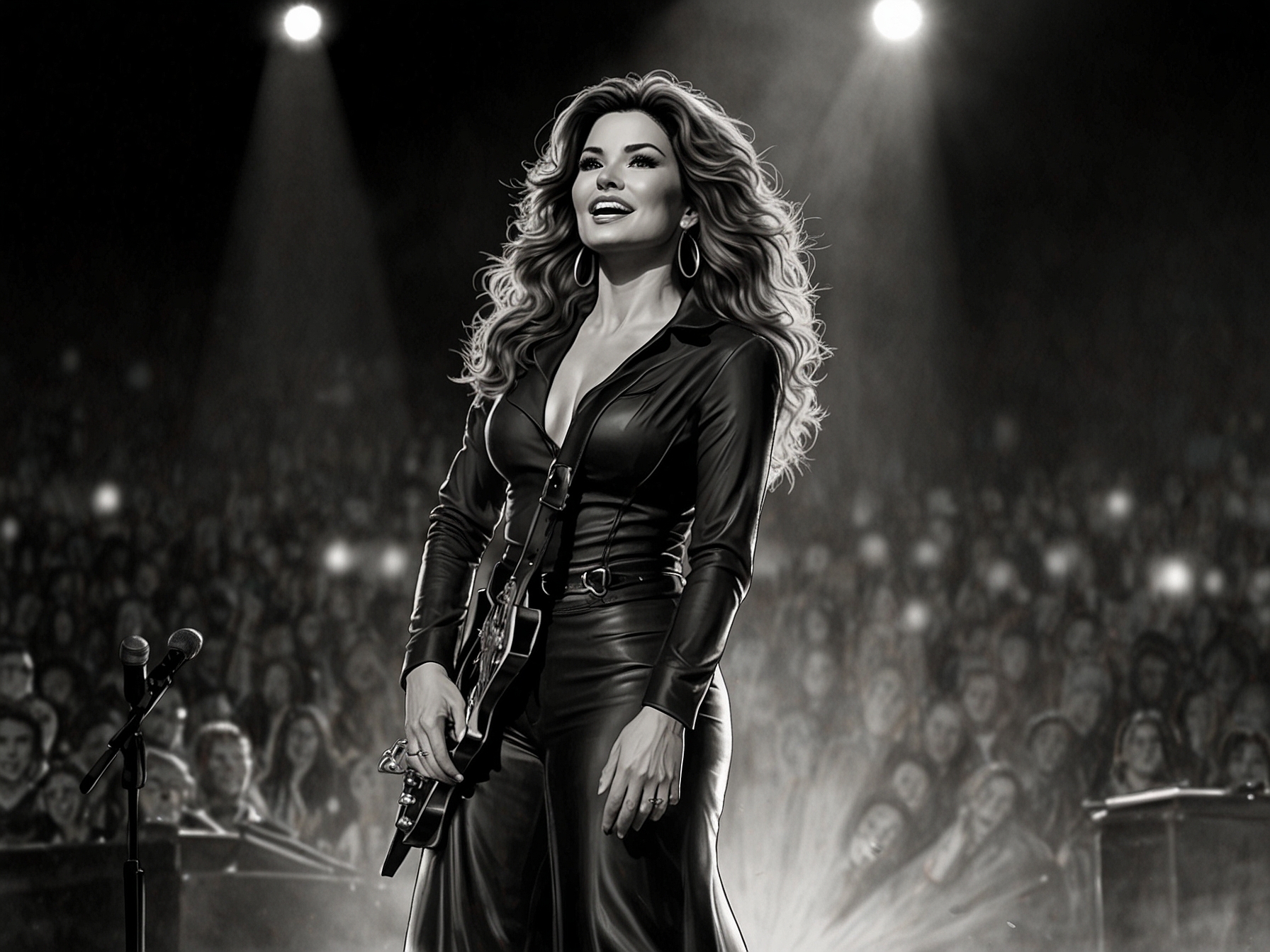 Shania Twain on stage, singing her heart out, illustrating how her personal struggles and resilience inspired her music, connecting deeply with her global audience.
