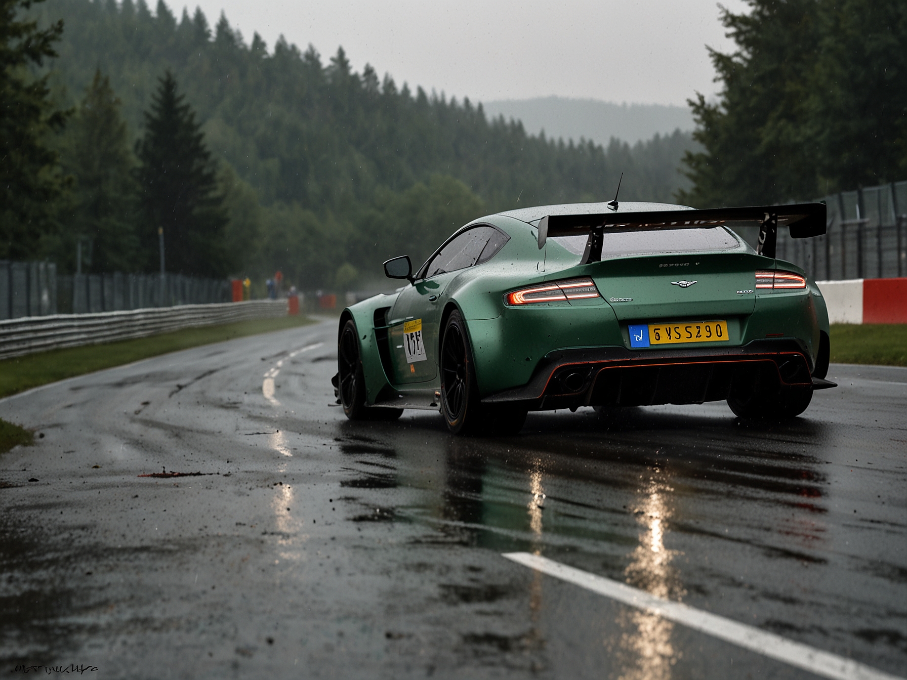 An Aston Martin Vantage GT3 slices through the rain-soaked Circuit de Spa-Francorchamps, showcasing its robust performance and aerodynamic design in a tense and unpredictable endurance race.