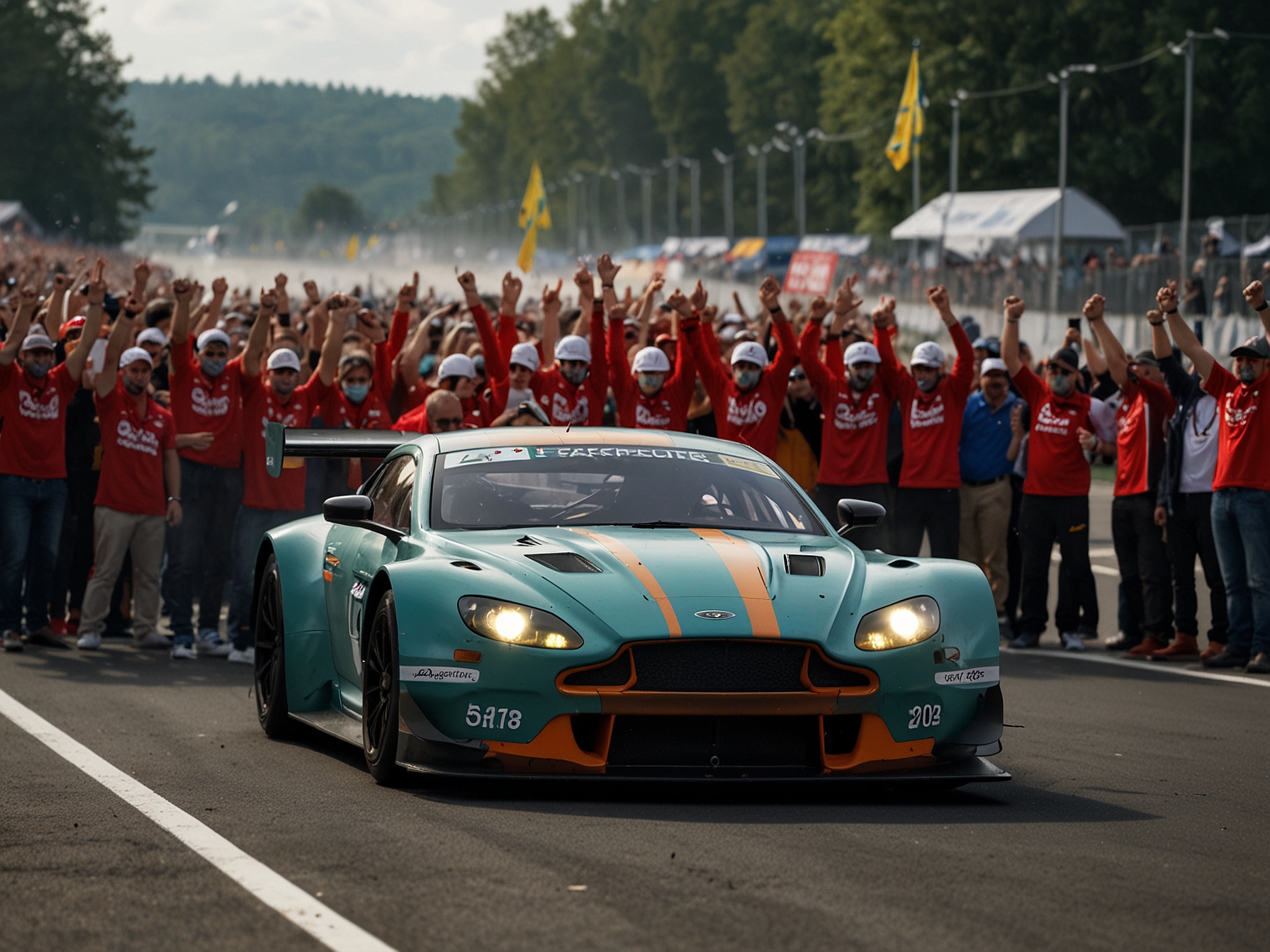 The Comtoyou Racing team celebrates a historic victory at the Spa 24 Hours, with drivers Nicki Thiim, Marco Sorensen, and Mattia Drudi triumphant, their Aston Martin Vantage GT3 displayed prominently.